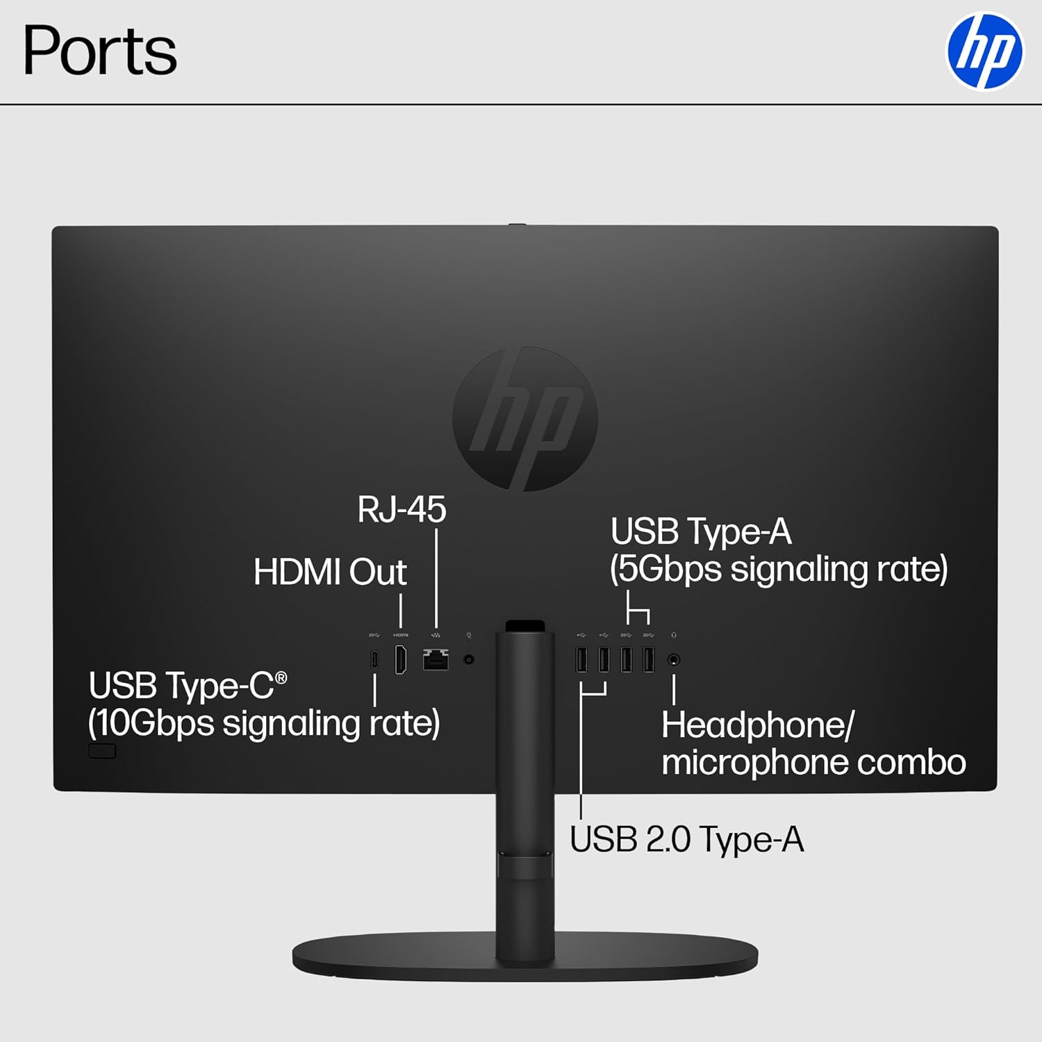 Ports

- RJ-45
- HDMI Out
- USB Type-C® (10Gbps signaling rate)
- USB Type-A (5Gbps signaling rate)
- Headphone/ microphone combo
- USB 2.0 Type-A