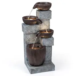 Costway - 32" 4-Tier Outdoor Water Fountain with LED Lights for Patio Deck Backyard Balcony - Gray + Brown