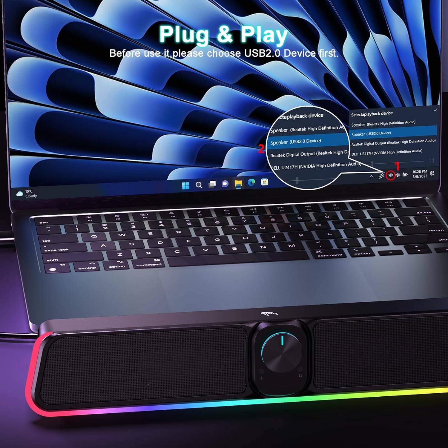 Plug & Play  
Before use it, please choose USB2.0 Device first.  

Select playback device  
- Speaker (Realtek High Definition Audio)  
- Speaker (USB2.0 Device)  
- Realtek Digital Output (Realtek High Definition Audio)  
- DELL U2417H (NVIDIA High Definition Audio)