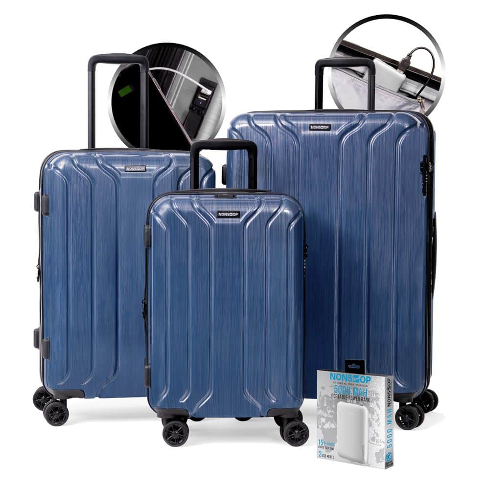 Nonstop - New York Elite Lightweight Expandable 3 Piece spinner (19.4/23.4/28) with 3 packing cubes - Navy, 3 Pc Set + Powerbank - Denim