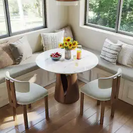 POVISON - 35" Modern Bistro Table for Breakfast Nook & Compact Spaces, Glossy Sintered Stone Top with Bronze Metal Base - White