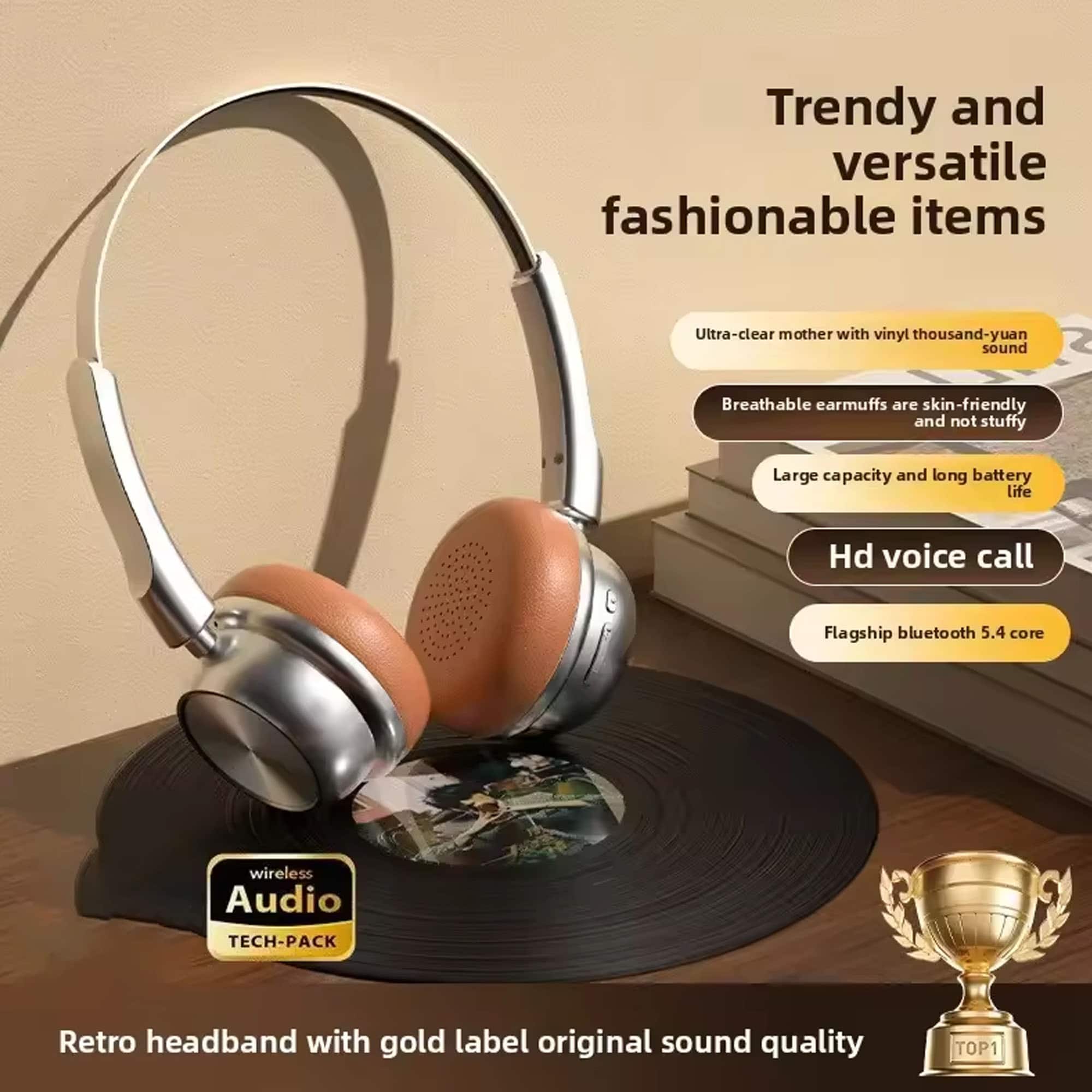 YONWAY - Retro Fashion Metal Bluetooth Earphones, Head on Earphones with Long Battery Life, Dual-sided Stereo Earphone