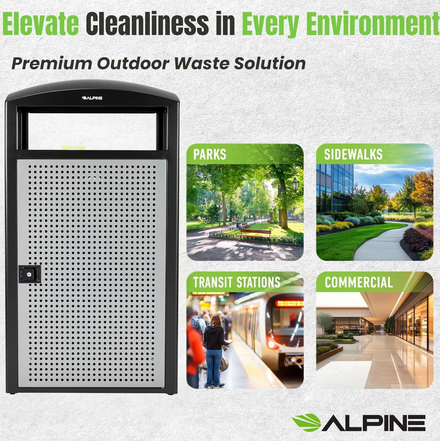 Elevate Cleanliness in Every Environment | Premium Outdoor Waste Solution | Alpine | Parks | Sidewalks | Transit Stations | Commercial