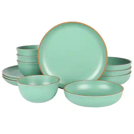 Front. Gibson - Gibson Home Rockabye 12 Piece Double Bowl Melamine Dinnerware Set in Green - Green.