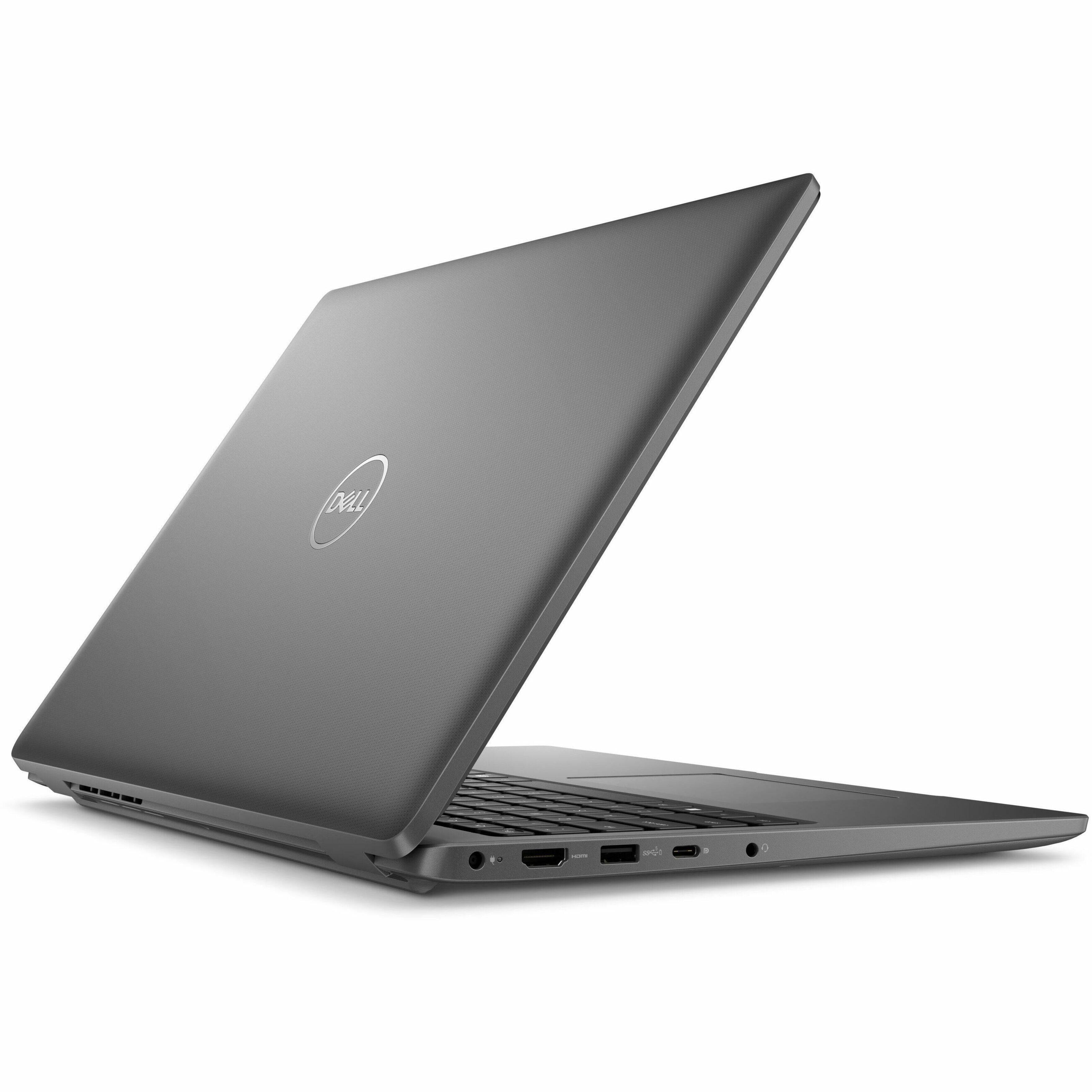 The image features a laptop computer with a black cover, which is a Dell laptop. The laptop is open and ready for use, with its screen facing the camera. The laptop is placed on a white background, which helps to emphasize the device and its design.
