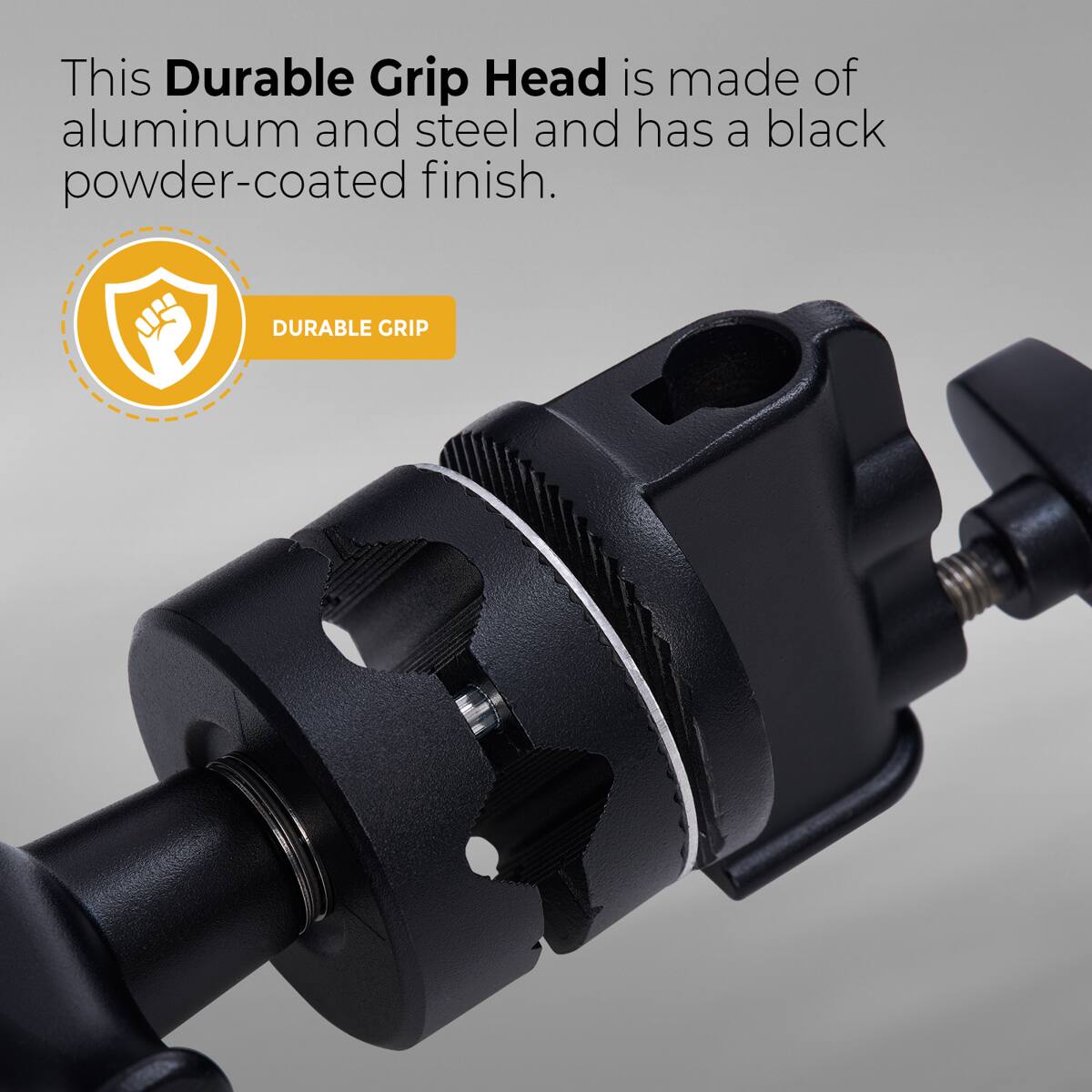 This Durable Grip Head is made of aluminum and steel and has a black powder-coated finish.