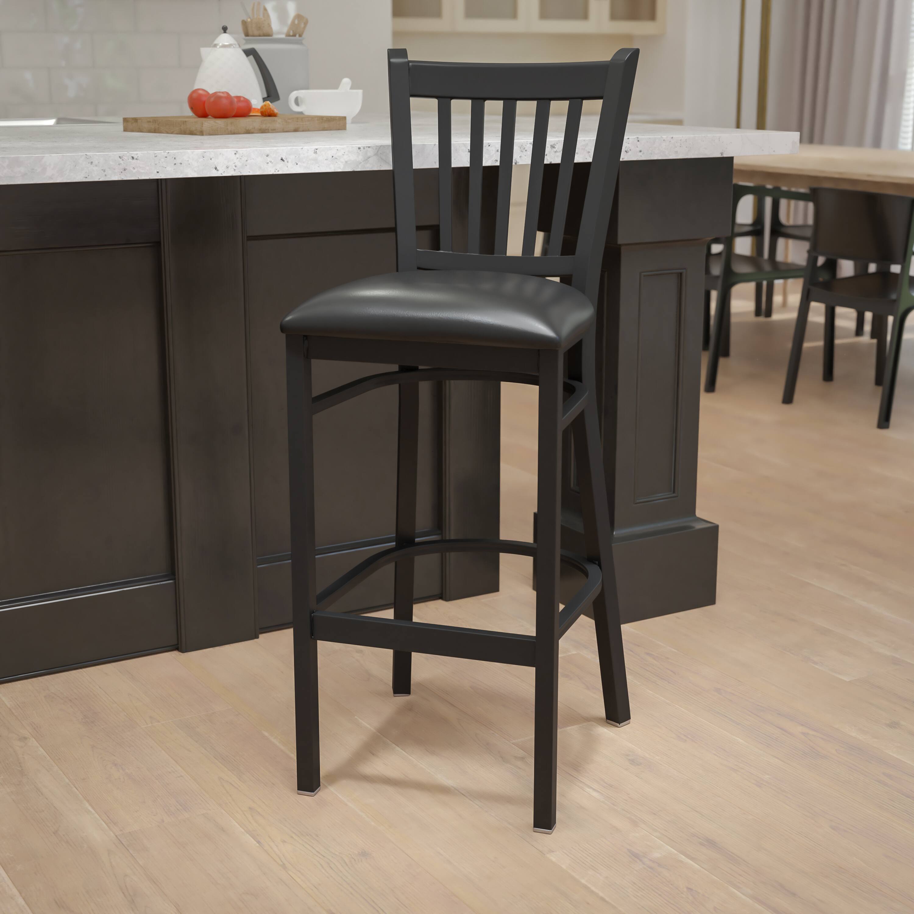 Alt View 3. Emma + Oliver - Vertical Back Metal Restaurant Dining Barstool - Black Vinyl Seat/Black Metal Frame.