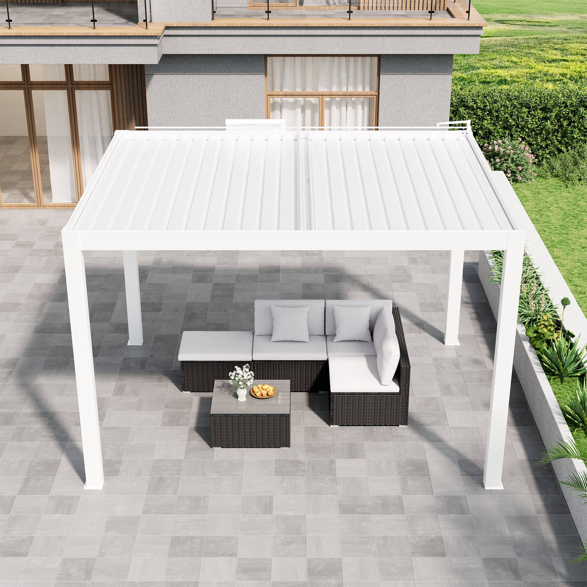 Left. Mondawe - 10ft x 13ft Solar-Powered Aluminum Pergola with Adjustable Louvers and Hidden Drainage System - White.