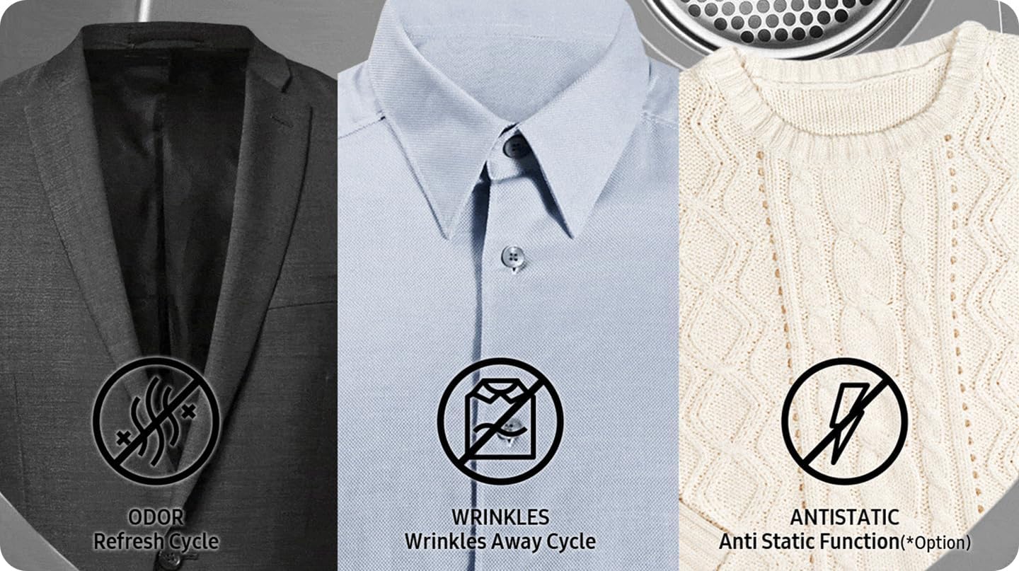 - ODOR Refresh Cycle
- WRINKLES Wrinkles Away Cycle
- ANTISTATIC Anti Static Function (*Option)