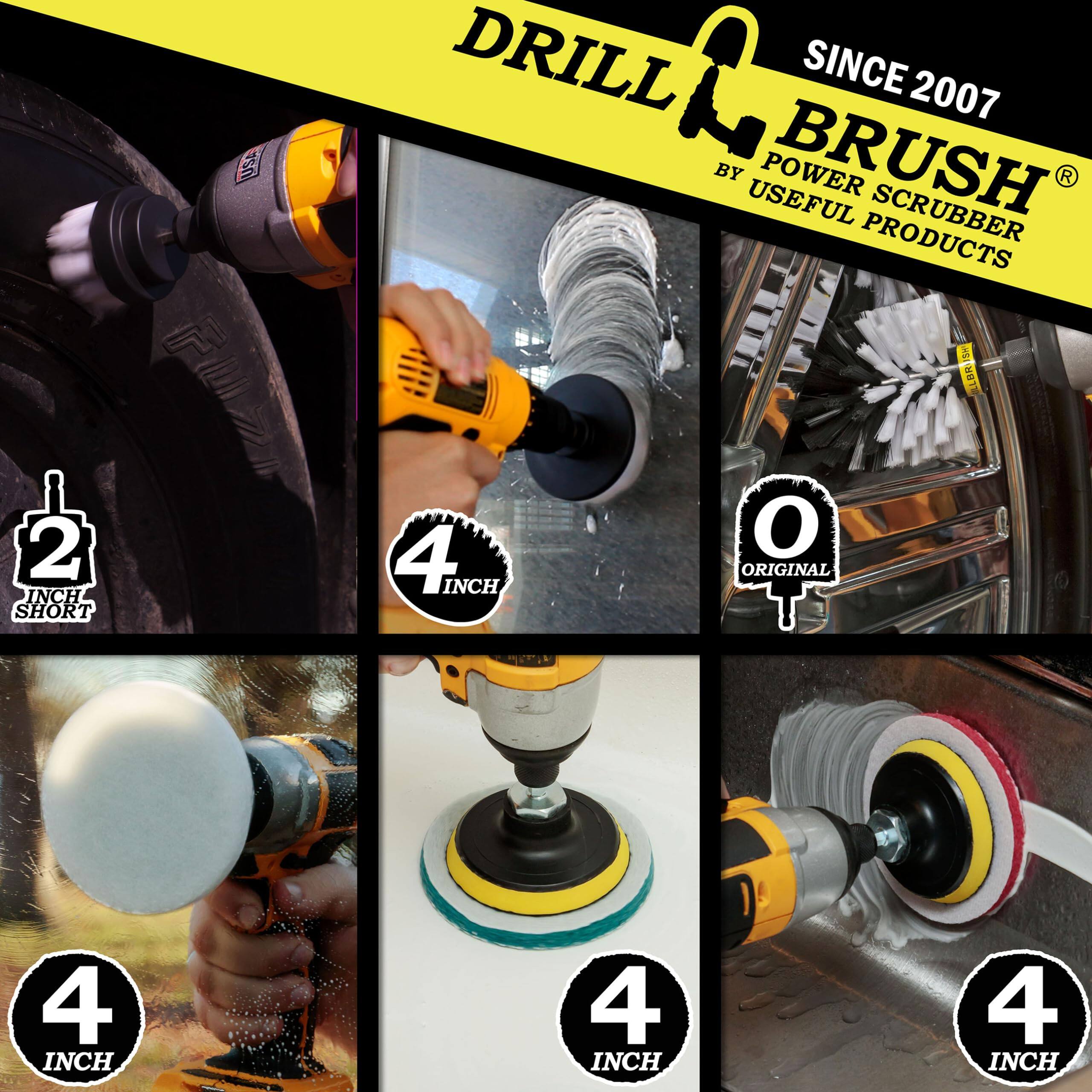 DRILL BRUSH BY USEFUL PRODUCTS SINCE 2007 ORIGINAL 4 INCH 4 INCH 4 INCH 4 INCH 2 INCH SHORT