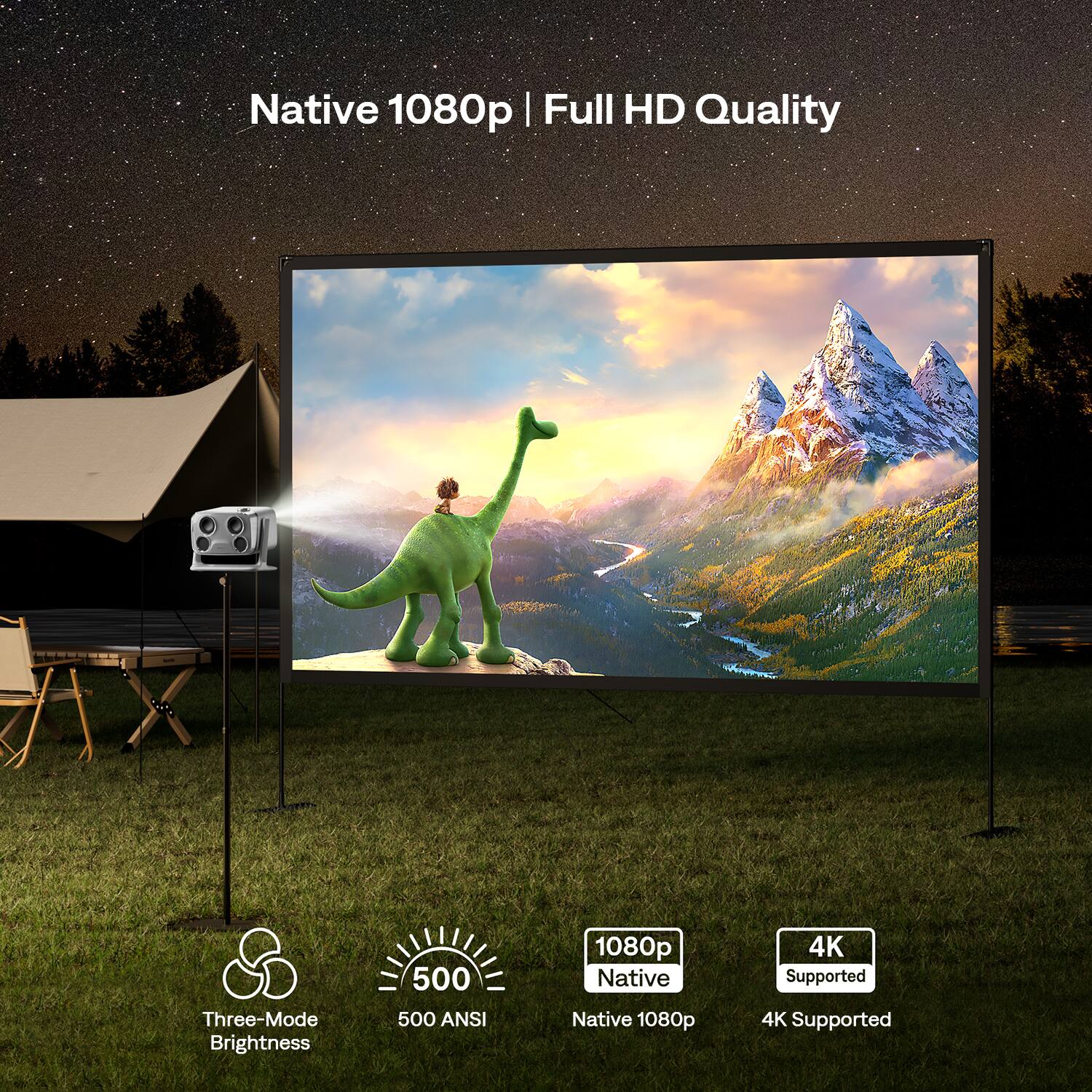 Native 1080p | Full HD Quality  
Three-Mode Brightness  
500 ANSI  
1080p Native  
4K Supported