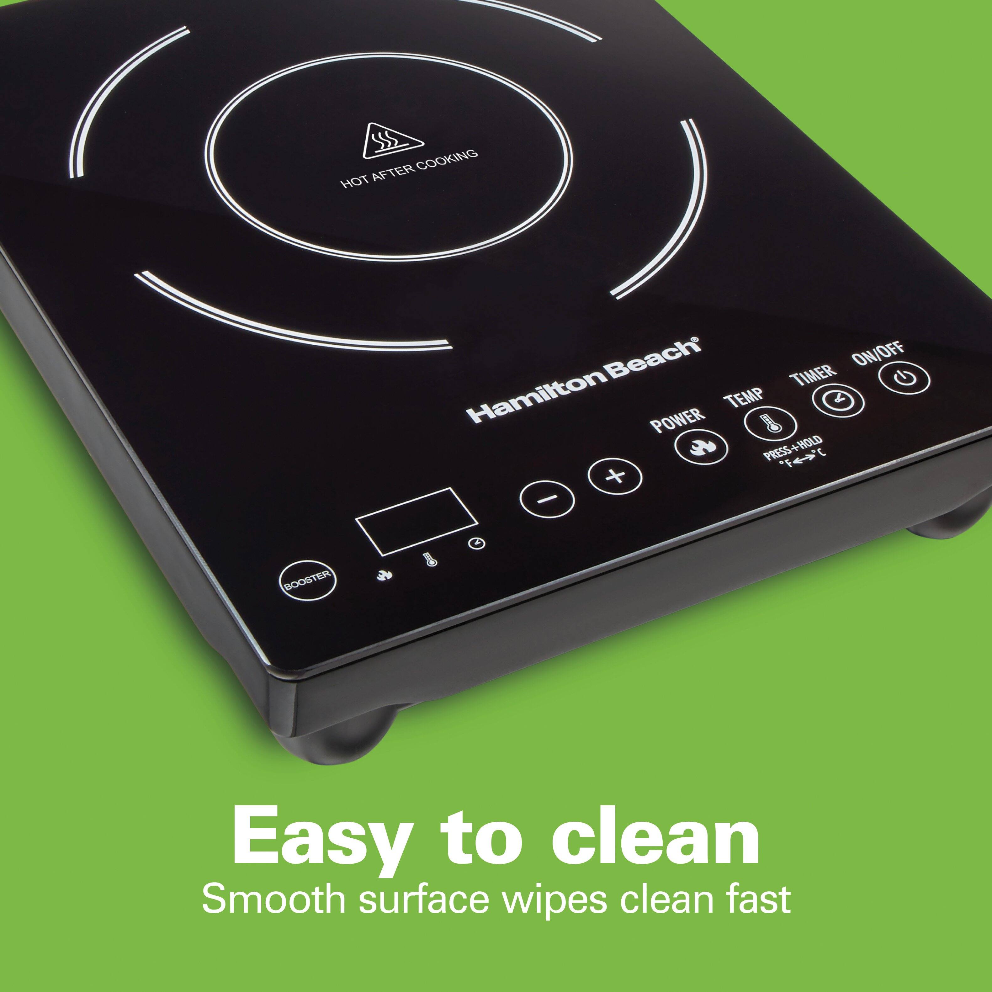 HOT AFTER COOKING, ON/OFF, TIMER, POWER, TEMP & PRESS-HOLD, BOOSTER, Easy to clean, Smooth surface wipes clean fast