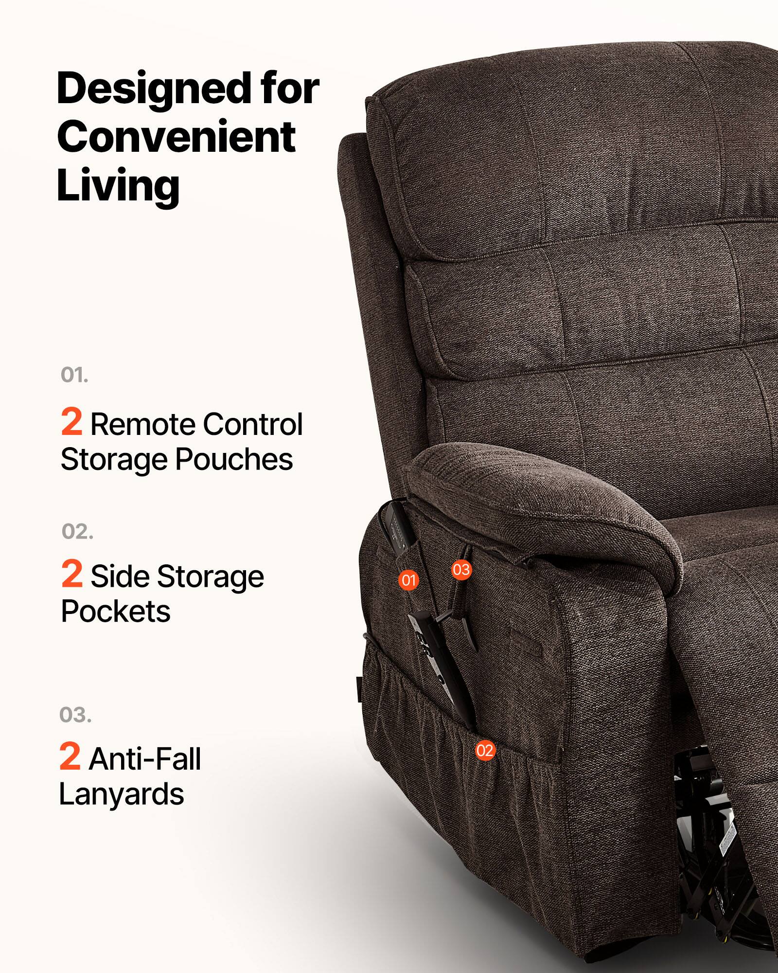 Designed for Convenient Living

01. 2 Remote Control Storage Pouches  
02. 2 Side Storage Pockets  
03. 2 Anti-Fall Lanyards
