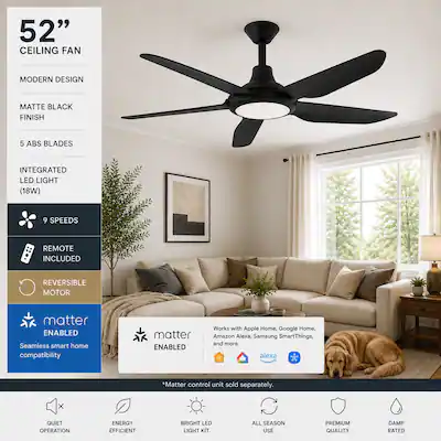 52" CEILING FAN
MODERN DESIGN
MATTE BLACK FINISH
5 ABS BLADES
INTEGRATED LED LIGHT (18W)
9 SPEEDS
REMOTE INCLUDED
REVERSIBLE MOTOR
Matter ENABLED
Seamless smart home compatibility
Works with Apple Home, Google Home, Amazon Alexa, Samsung SmartThings, and more.
QUIET OPERATION
ENERGY EFFICIENT
BRIGHT LED ALL SEASON LIGHT KIT USE
PREMIUM QUALITY
DAMP RATED
*Matter control unit sold separately.