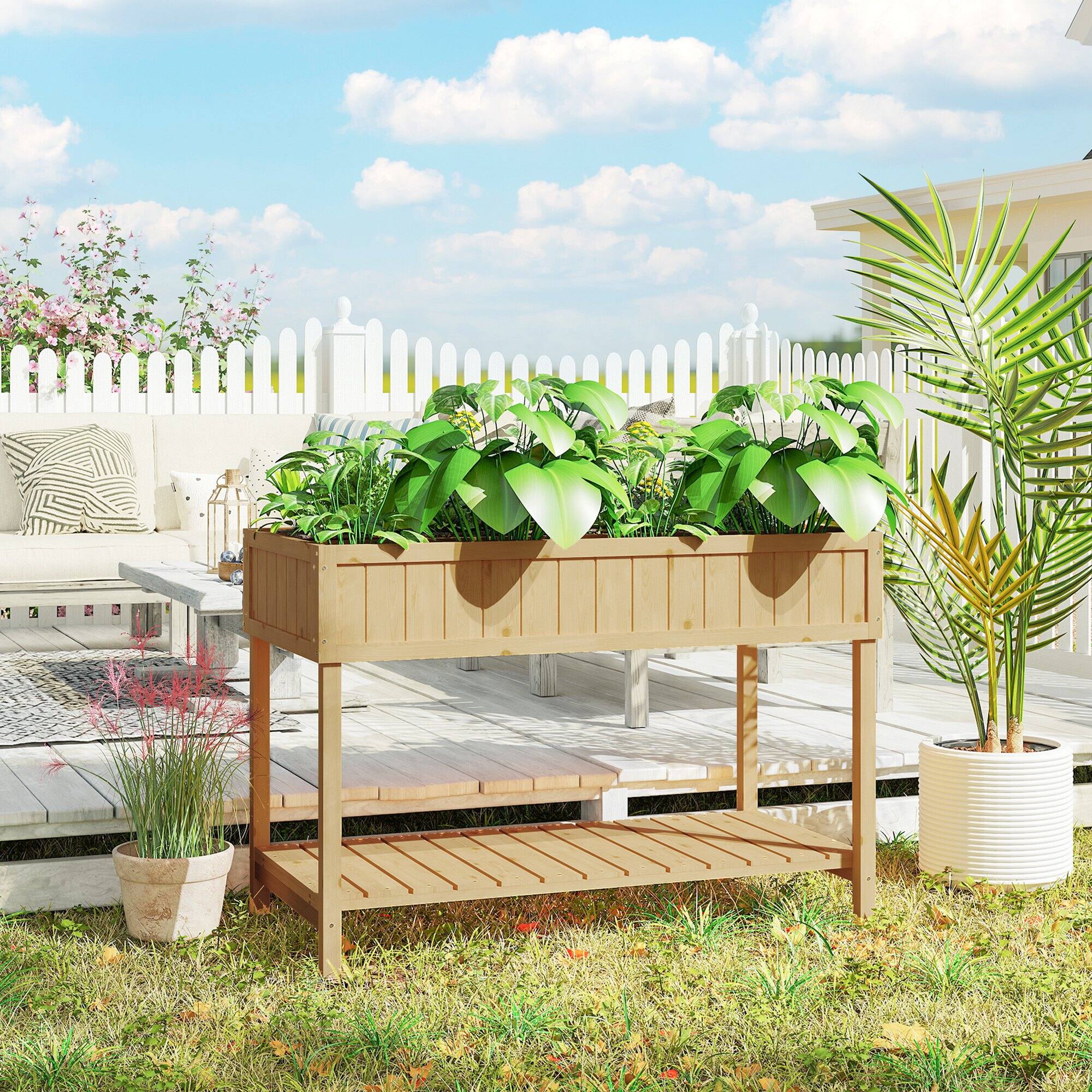 Alt View 7. Outsunny - 43x18x30in Raised Garden Bed with 8 Pockets and Shelf, Wooden Elevated Planter Box with Legs to Grow Herbs - Natural Wood.