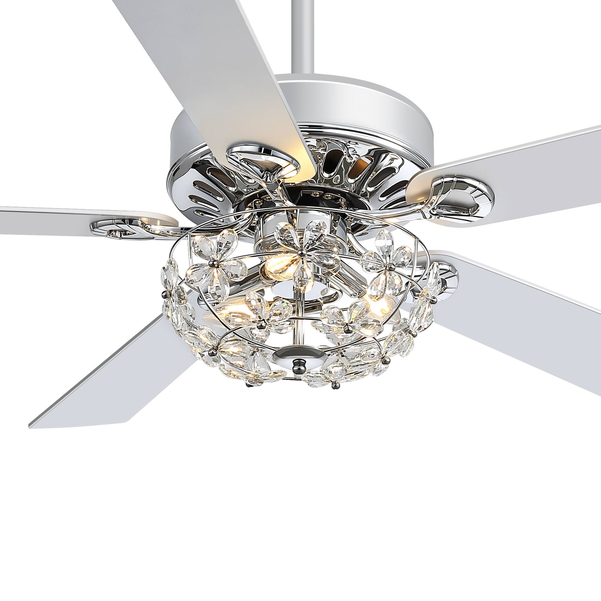 Alt View 10. Breezary - 52-Inch Crystal Chandelier Ceiling Fan with 5 Reversible Blades, 6-Speed Remote, Timer, 5"/10" Downrod Mount - chrome and silver.