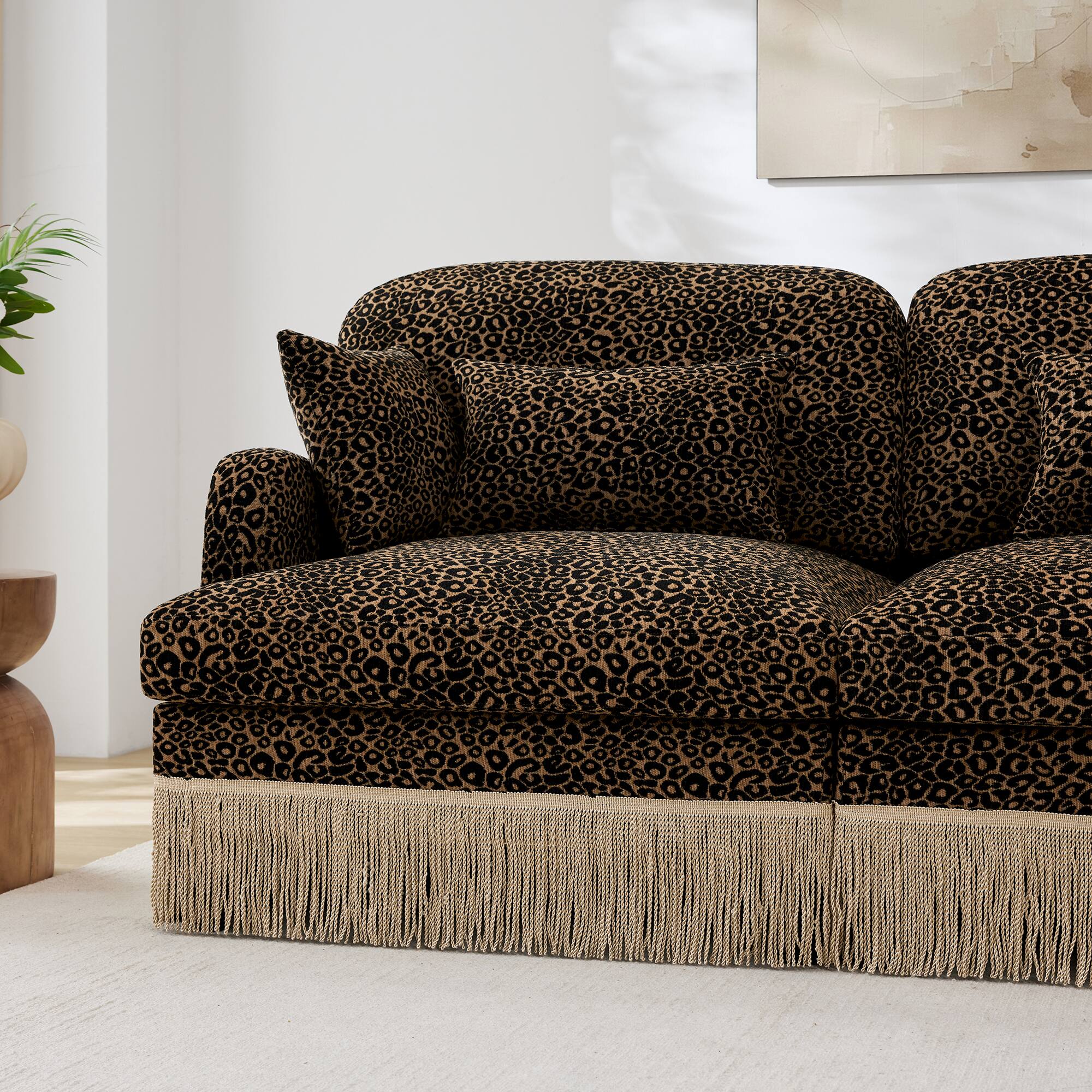 Back. Anysun - Modular Comfy Leopard Printing Loveseat with Exquisite Tassel Trimmings and 2 Movable Ottomans - Brown.
