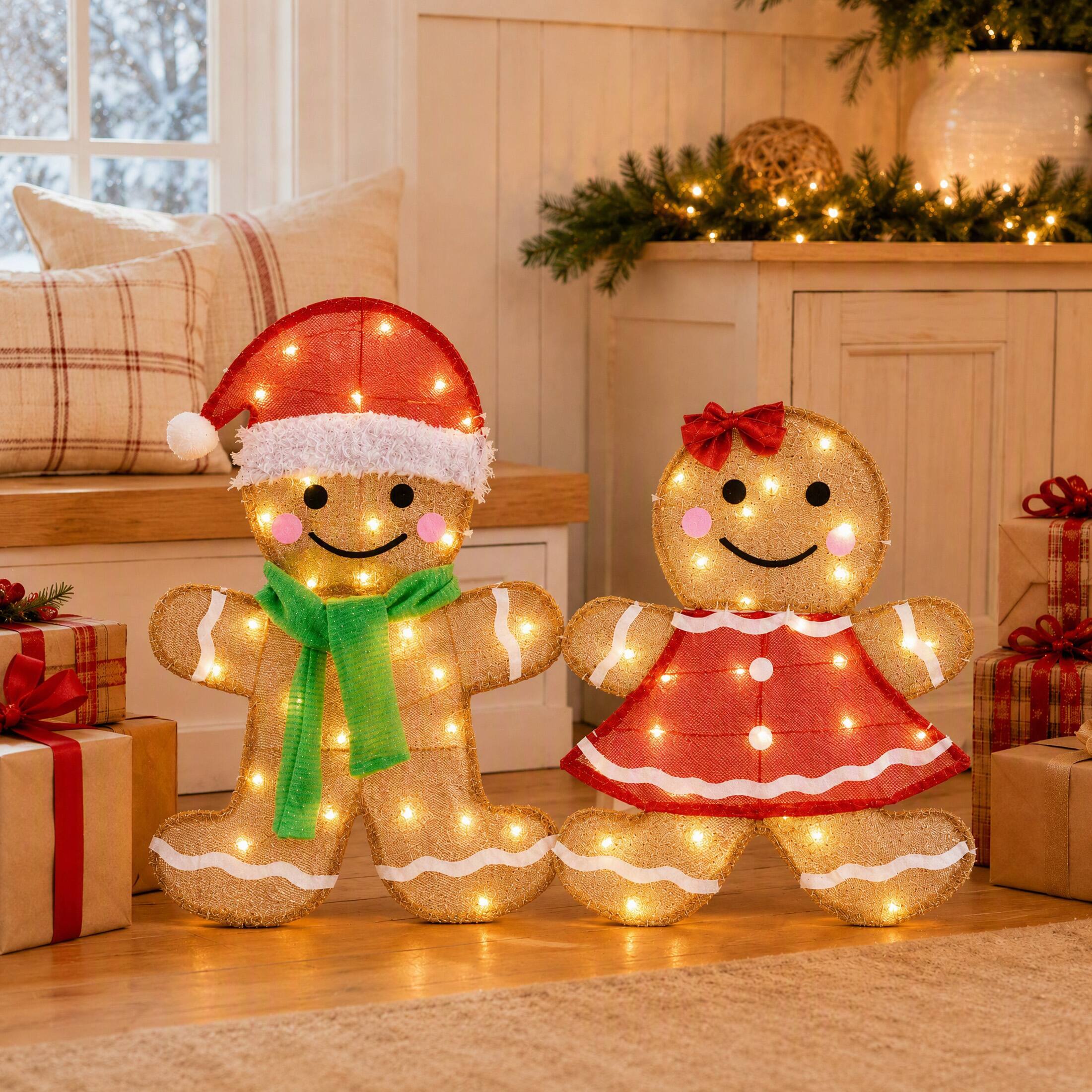 Angle. Sweet - 2-Piece Christmas Outdoor Decorations Yard Lighted 2D Gingerbread Man with Lights for Xmas Festive - Yellow.