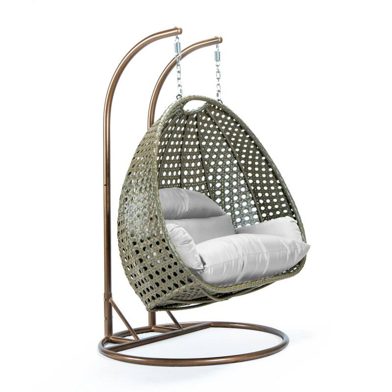 Back. LeisureMod - Leisuremod 2-Person Wicker Egg Swing Chair with Stand & Washable Cushions - Indoor/Outdoor Double Hanging Patio Chair - White.