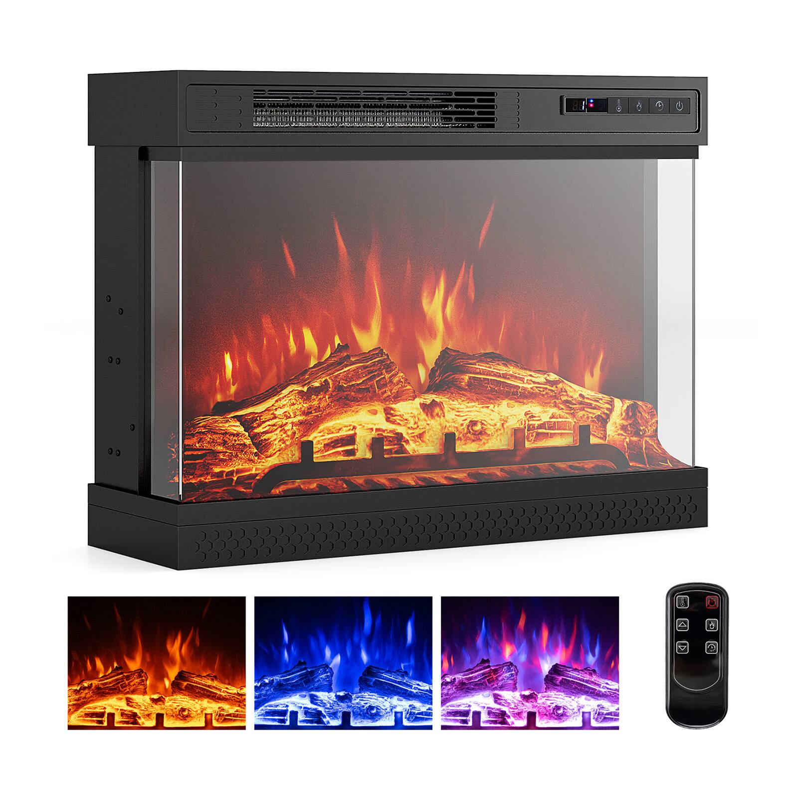 SKONYON - Freestanding Electric Fireplace Heater with Strong Heat Output Realistic Flame and Simple Controls - Black