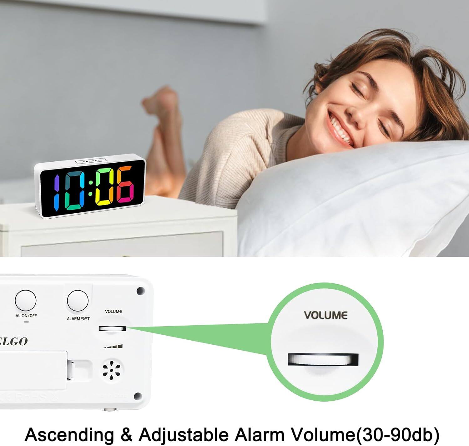 LLO 10:06 AL ON/OFF ALARM SET VOLUME VOLUME LGO  
Ascending & Adjustable Alarm Volume (30-90db)