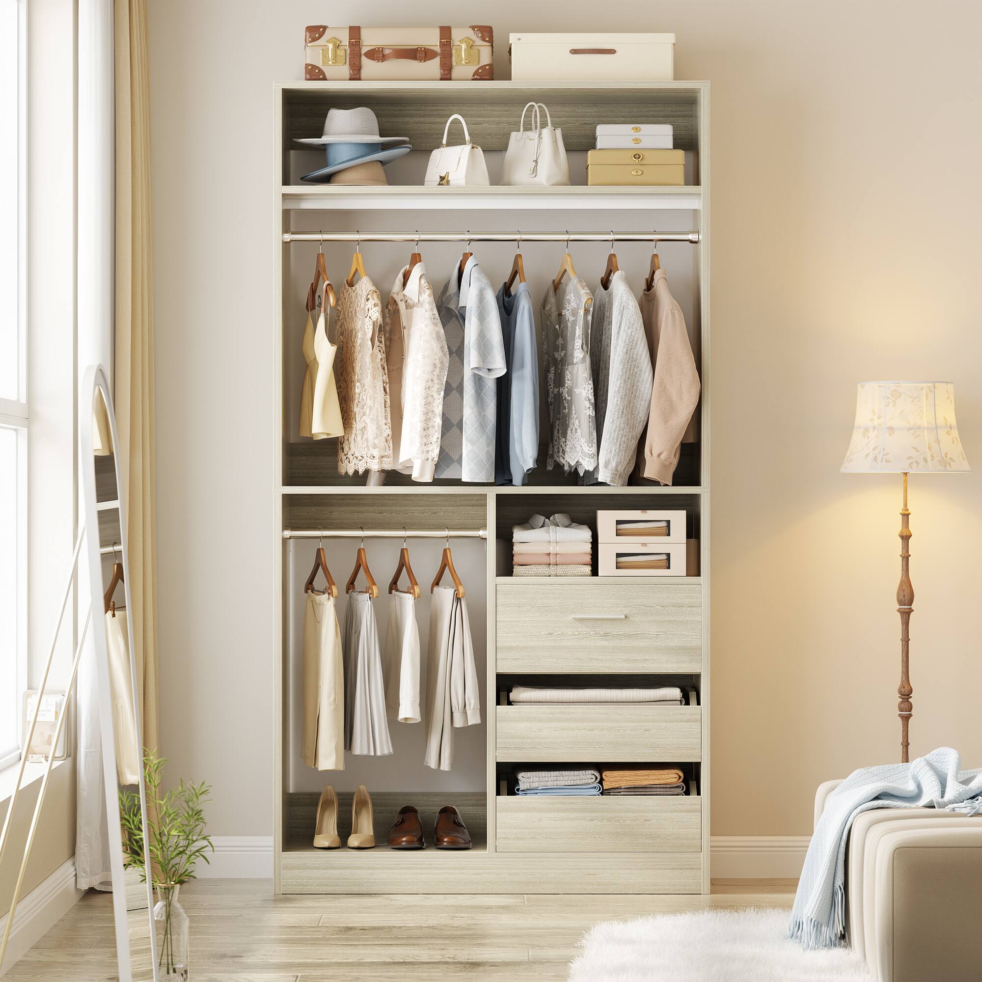 Alt View 2. Aheaplus - 36" Freestanding Closet Organizer with 3 Drawers, 2 Hanging Rods & Shoe Storage - White Oak.