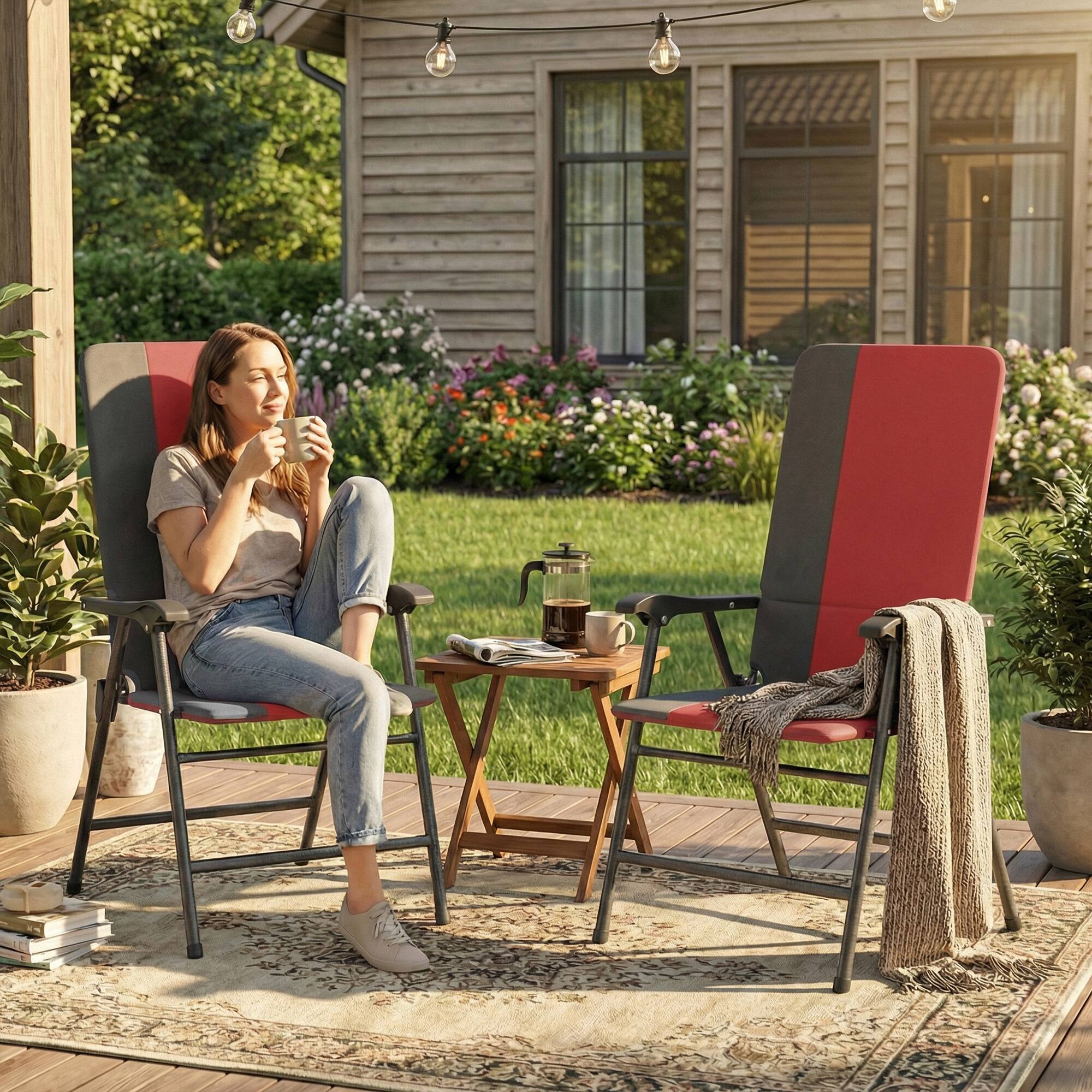 Alt View 8. Outsunny - Patio Chairs Set of 2, Padded High Back Lawn Camping Chairs with Armrests - Red.