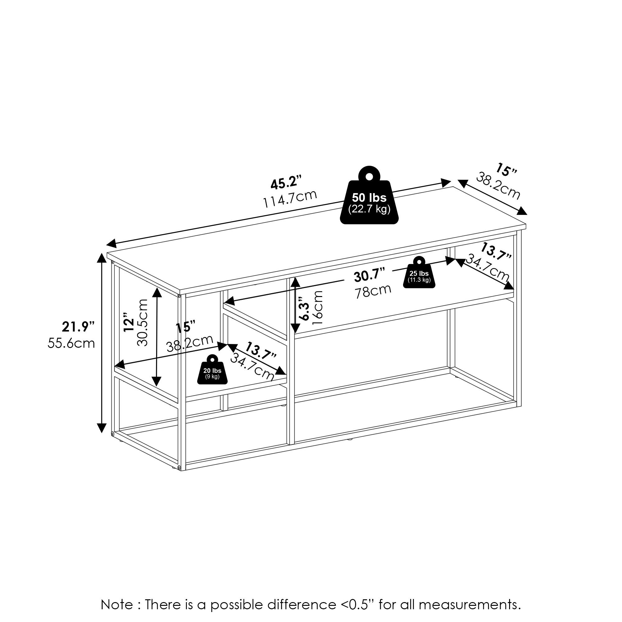 45.2" (114.7 cm)  
15" (38.2 cm)  
21.9" (55.6 cm)  
12" (30.5 cm)  
5" (13.7 cm)  
13.7" (34.7 cm)  
16" (40.6 cm)  
30.7" (78 cm)  
25 lbs (11.3 kg)  
50 lbs (22.7 kg)  
20 lbs (9.1 kg)  

Note: There is a possible difference <0.5" for all measurements.