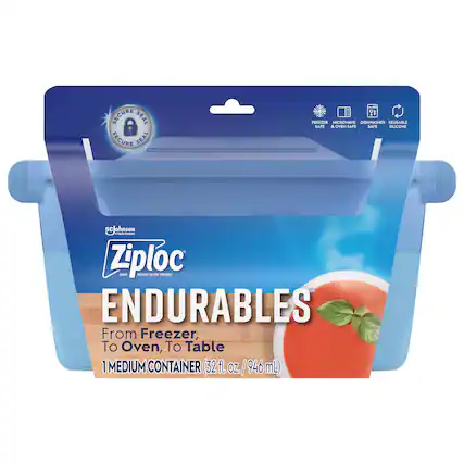 SECURE SEAL SECURE SEAL
FREEZER MICROWAVE DISHWASHER REUSABLE SAFE & OVEN SAFE SAFE SILICONE
scJohnson
Ziploc ENDURABLES
From Freezer, To Oven, To Table
1 MEDIUM CONTAINER (32 fl. oz./946 mL)