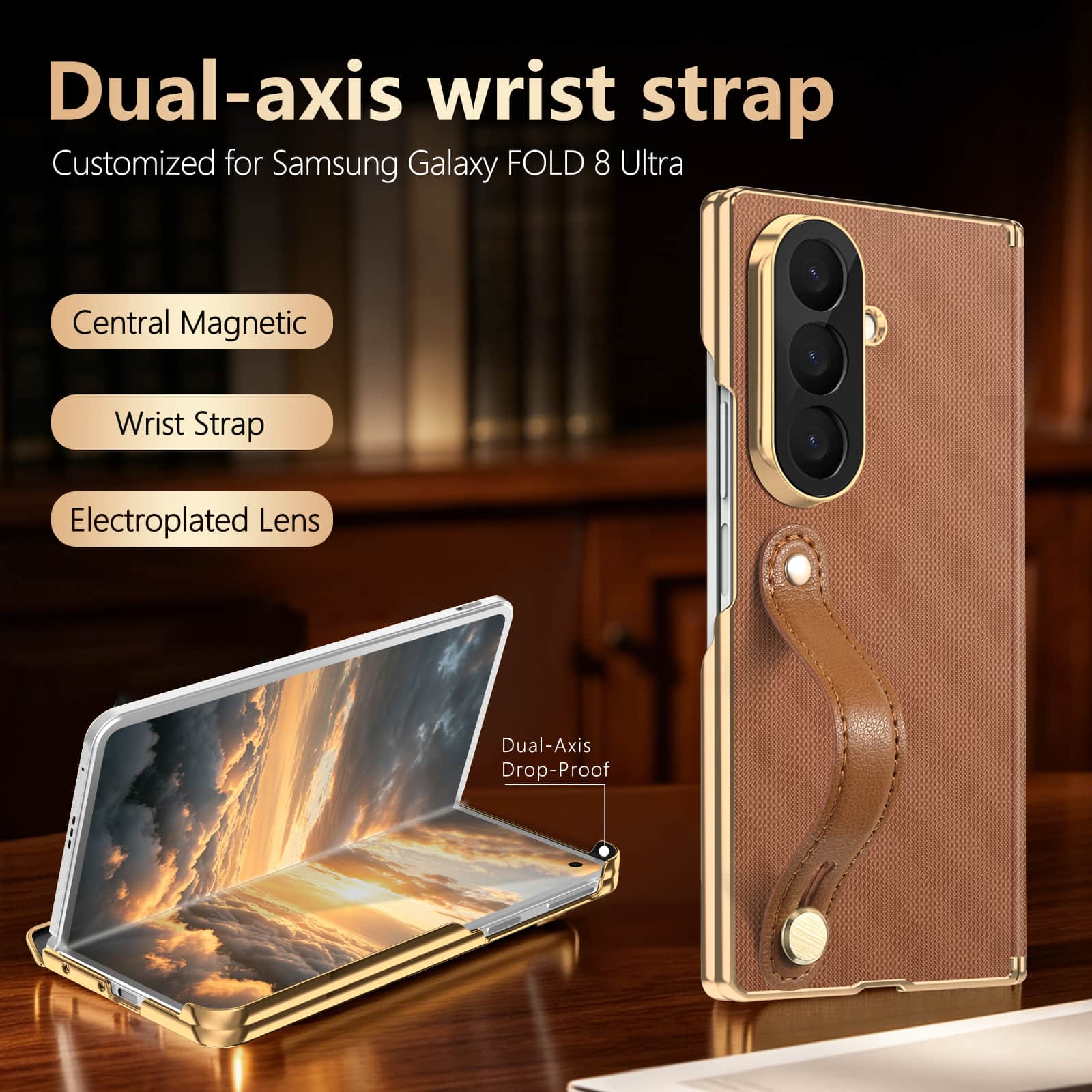 Dteck - Shockproof Case for Samsung Galaxy Z Fold8 Ultra with Wrist Strap, Rigid Plastic Leather Texture Dual Axis Hinge Cover - Brown price history on PriceWatchPro