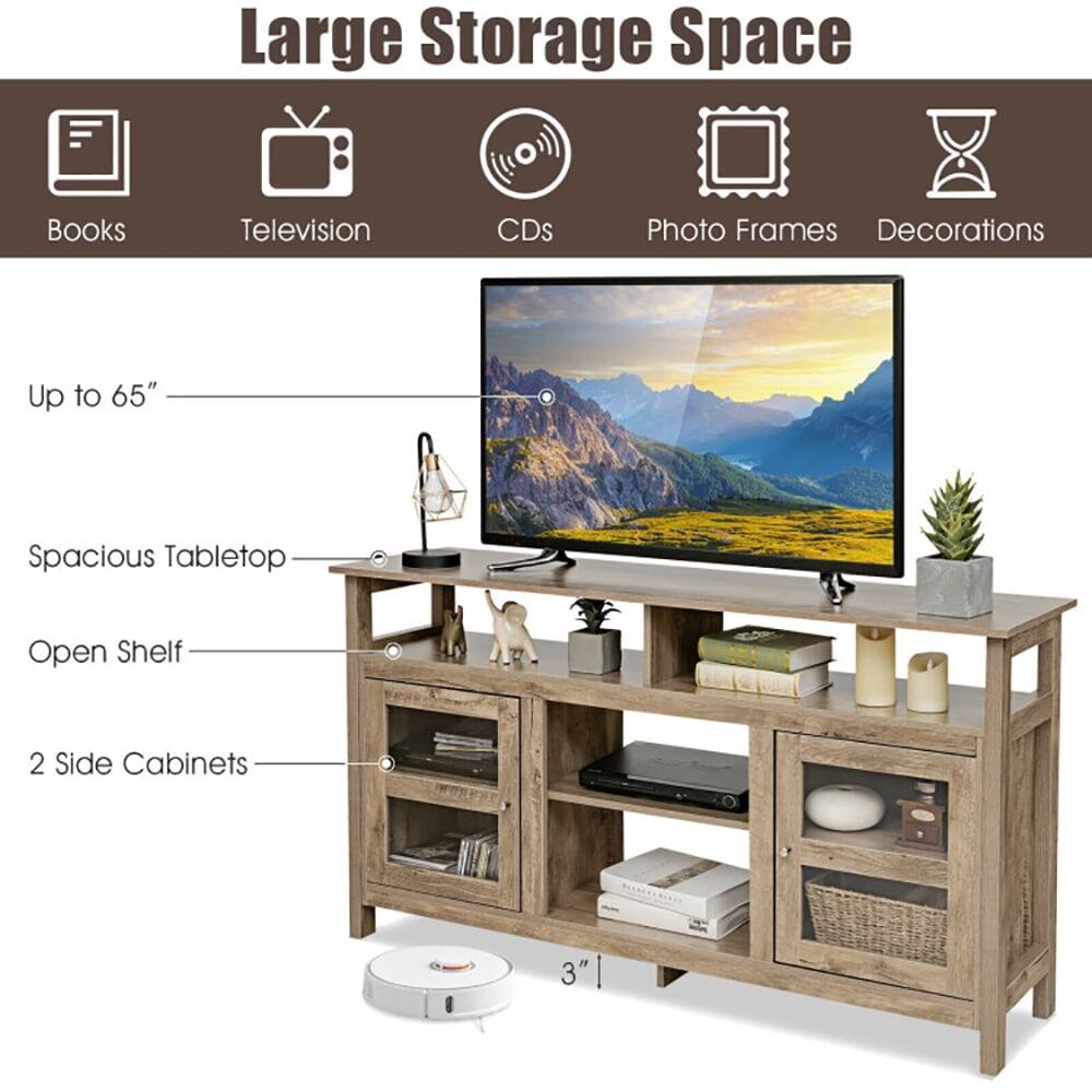 Large Storage Space  
Books Television CDs Photo Frames Decorations  
Up to 65" Spacious Tabletop Open Shelf 2 Side Cabinets 3"