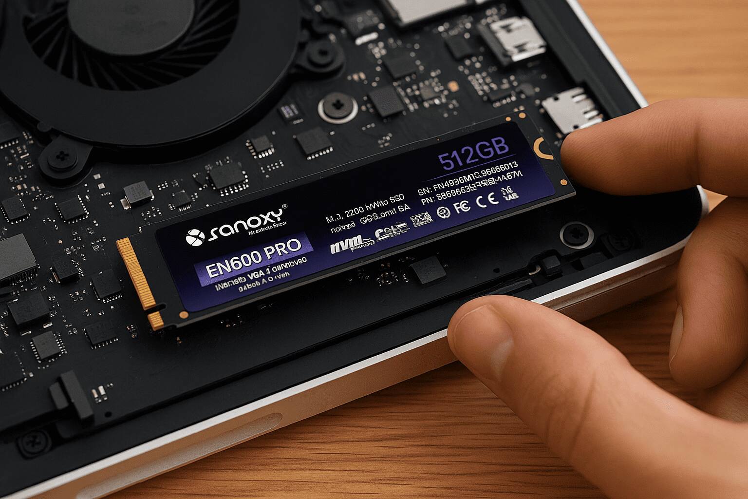 512GB  
SN: FN4936M10.96666013  
SSD PN: CE C E AB IWila  
FC M.J. 2200 @8_omit SCU 9  
sanoxy  
EN600 PRO  
VGA 4 o Cennbvec ven Ierett A 90qrG