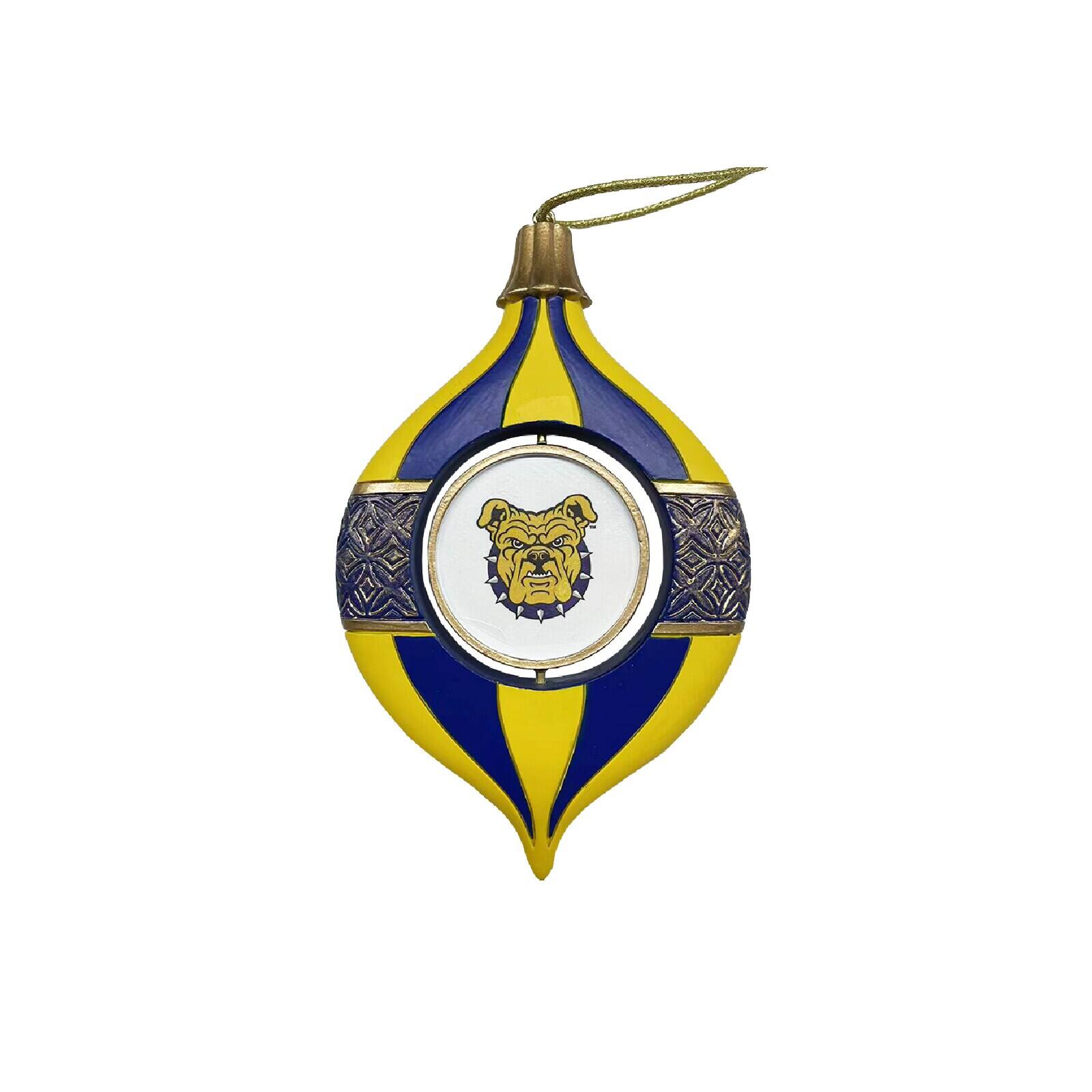 Front. Santa's Workshop - North Carolina A&T Aggies Two-Piece 5.5" Spinning Bulb Ornament Set - Blue.