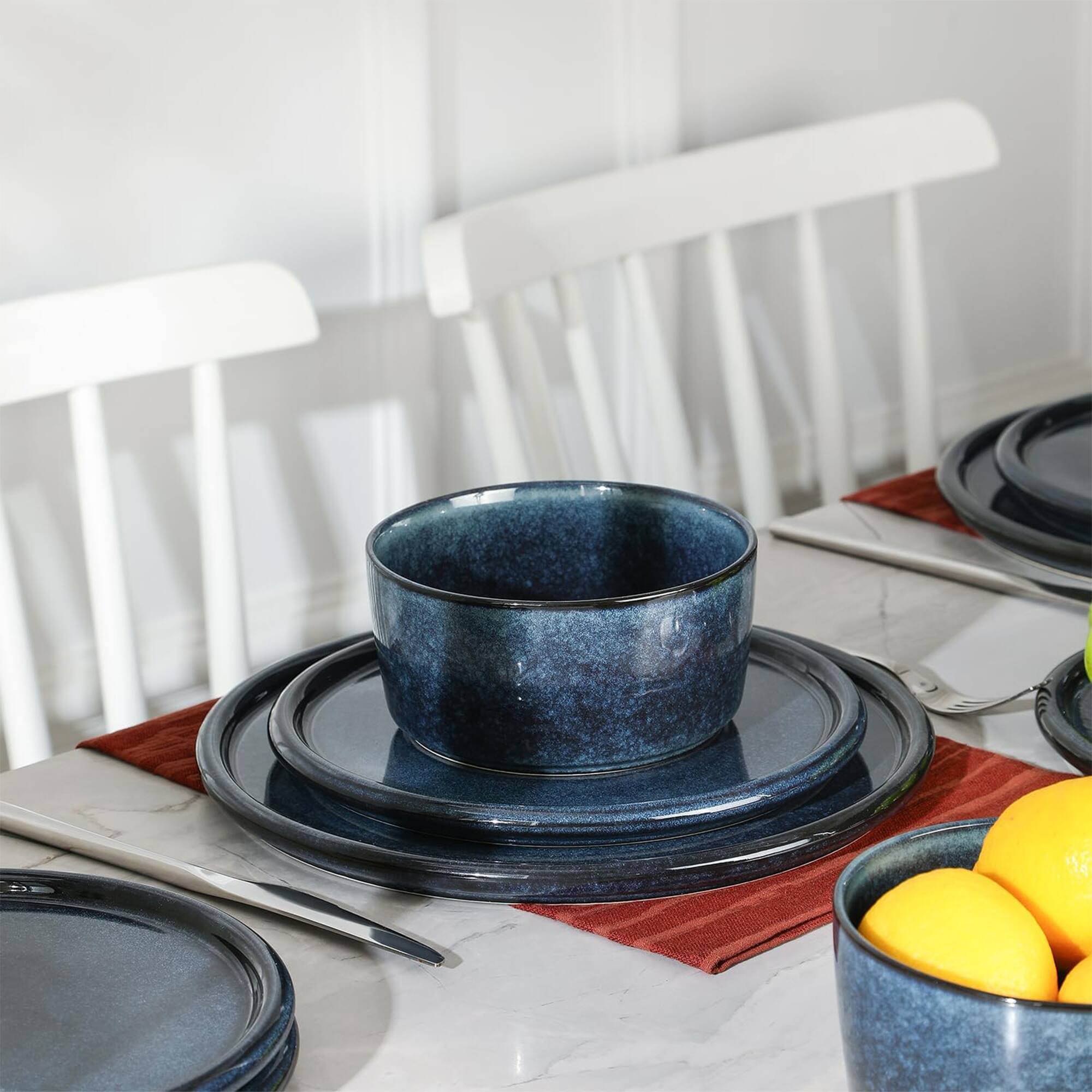 Alt View 5. Stone Lain - Stone Lain 12 Piece Modern Stoneware Dinnerware Set Plates, Bowls, Dark Blue - Dark Blue.
