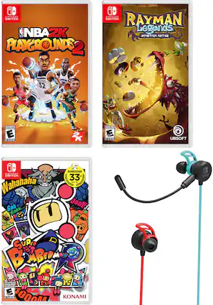Here is the corrected and grouped text:
- **Nintendo Switch**
- NBA 2K Playgrounds 2
- Rayman Legends Definitive Edition
- Bomberman R: Everybodys Bombs Away
- Wahanaha Goh Goh
- **ESRB Ratings**
- NBA 2K Playgrounds 2: Everyone 10+
- Rayman Legends Definitive Edition: Everyone 10+
- Bomberman R: Everyone 10+
- Wahanaha Goh Goh: Everyone 10+
- **Developers/Publishers**
- NBA 2K Playgrounds 2: 2K
- Rayman Legends Definitive Edition: Ubisoft
- Bomberman R: Konami
- Wahanaha Goh Goh: Konami - E10+ (Everyone 10+)