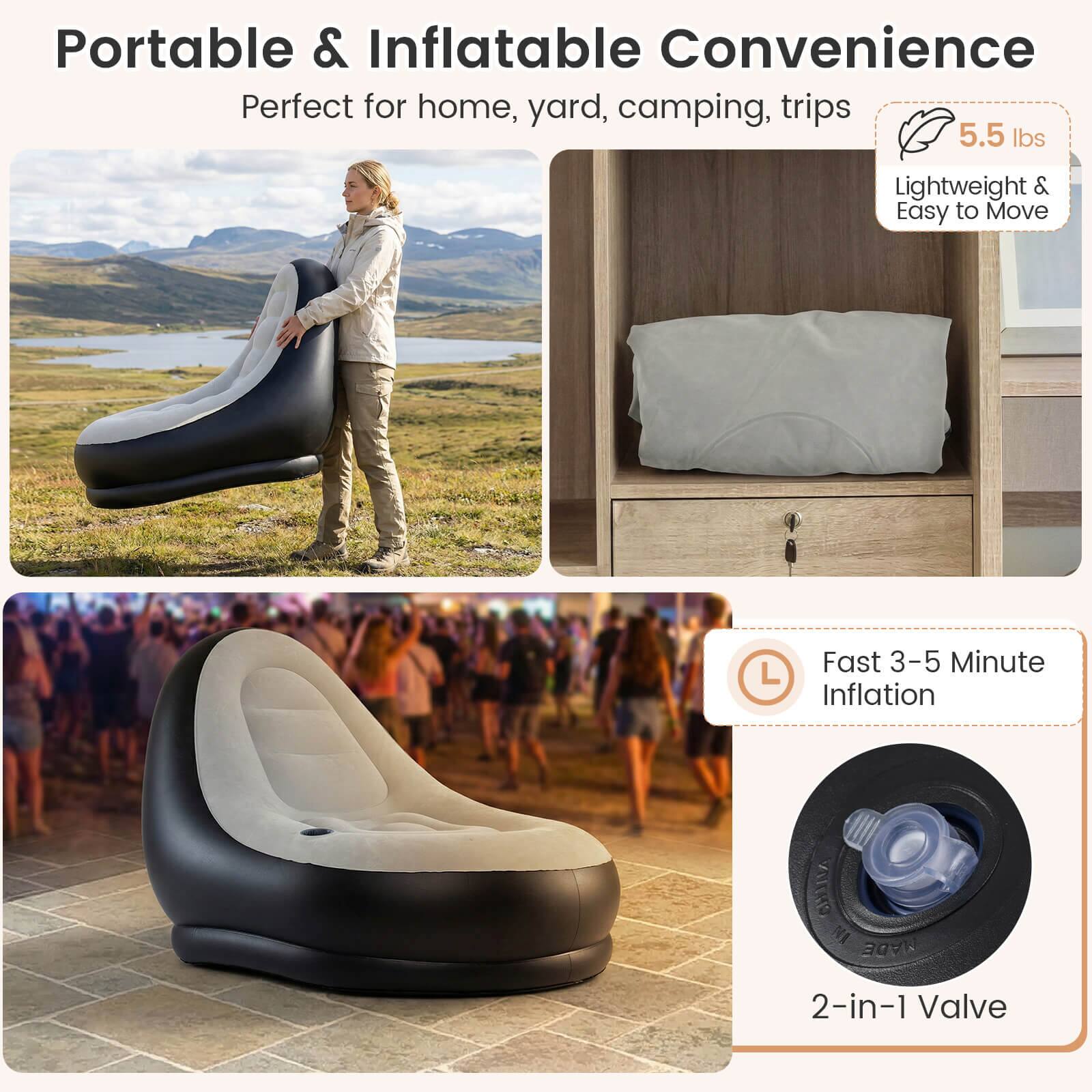 Portable & Inflatable Convenience  
Perfect for home, yard, camping, trips  

5.5 lbs  
Lightweight & Easy to Move  

Fast 3-5 Minute Inflation  

2-in-1 Valve