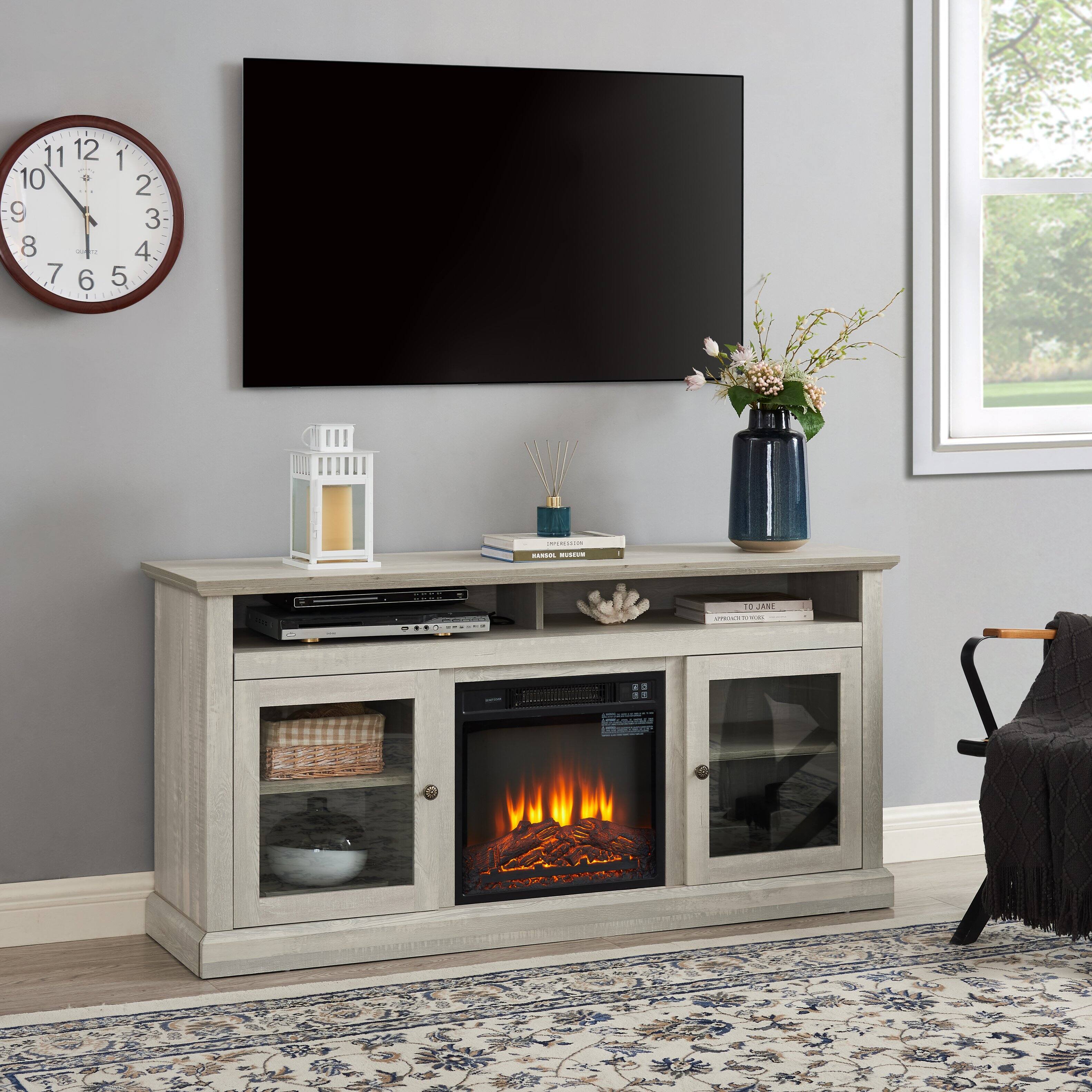 Angle. TinyHomie - 60inch W Contemporary TV Media Stand 18inch Fireplace Insert Stone Gray.