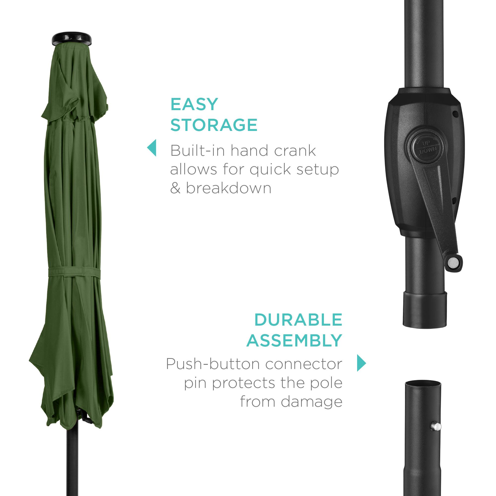 EASY STORAGE: Built-in hand crank allows for quick setup & breakdown.  
DURABLE ASSEMBLY: Push-button connector pin protects the pole from damage.