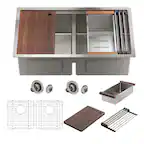 Front. Boyel Living - 33 in. Undermount Double Bowl 18-Gauge Brushed Stainless Steel Kitchen Sink with Cutting Board and Accessories - Silver.