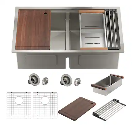Front. Boyel Living - 33 in. Undermount Double Bowl 18-Gauge Brushed Stainless Steel Kitchen Sink with Cutting Board and Accessories - Silver.