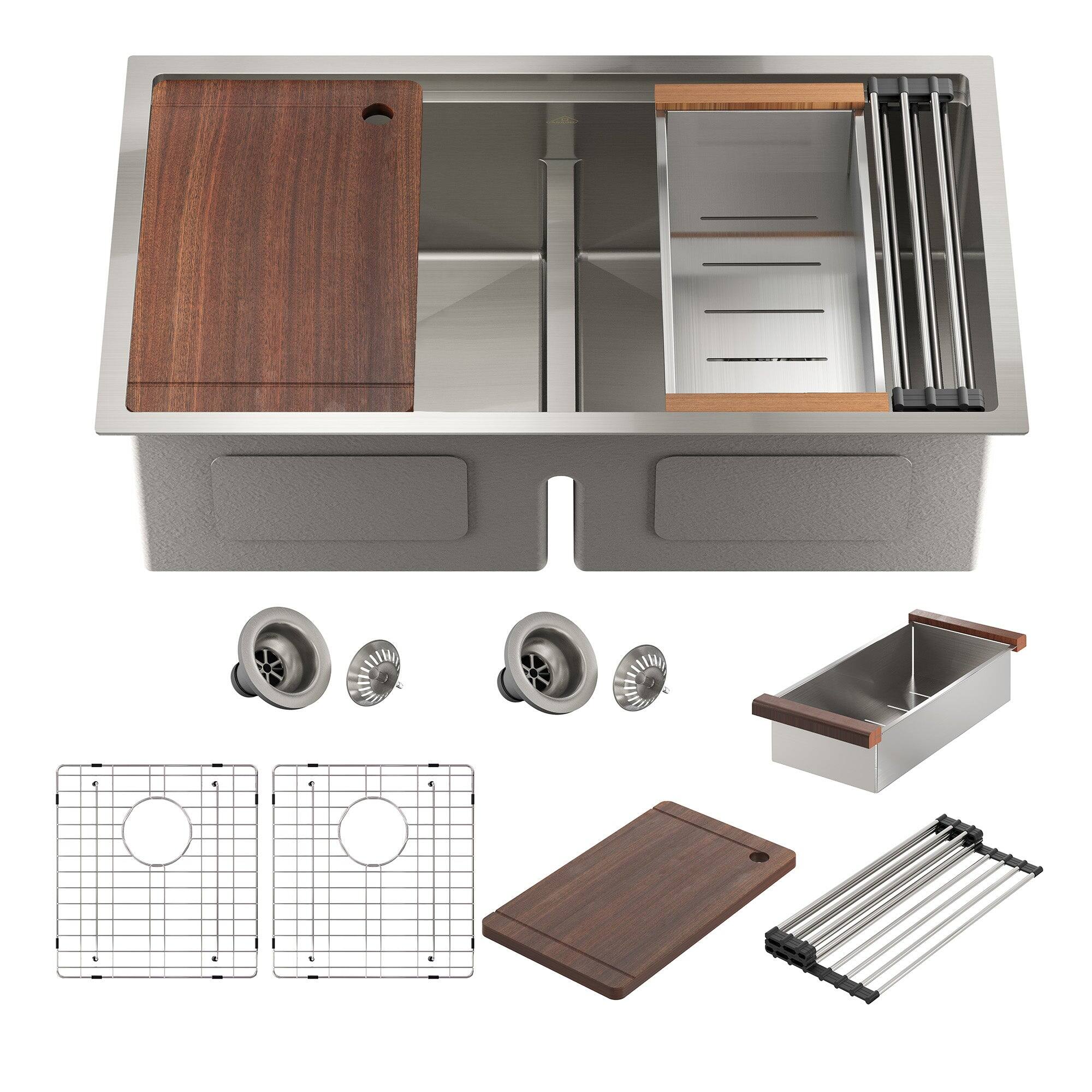 Front. Boyel Living - 33 in. Undermount Double Bowl 18-Gauge Brushed Stainless Steel Kitchen Sink with Cutting Board and Accessories - Silver.