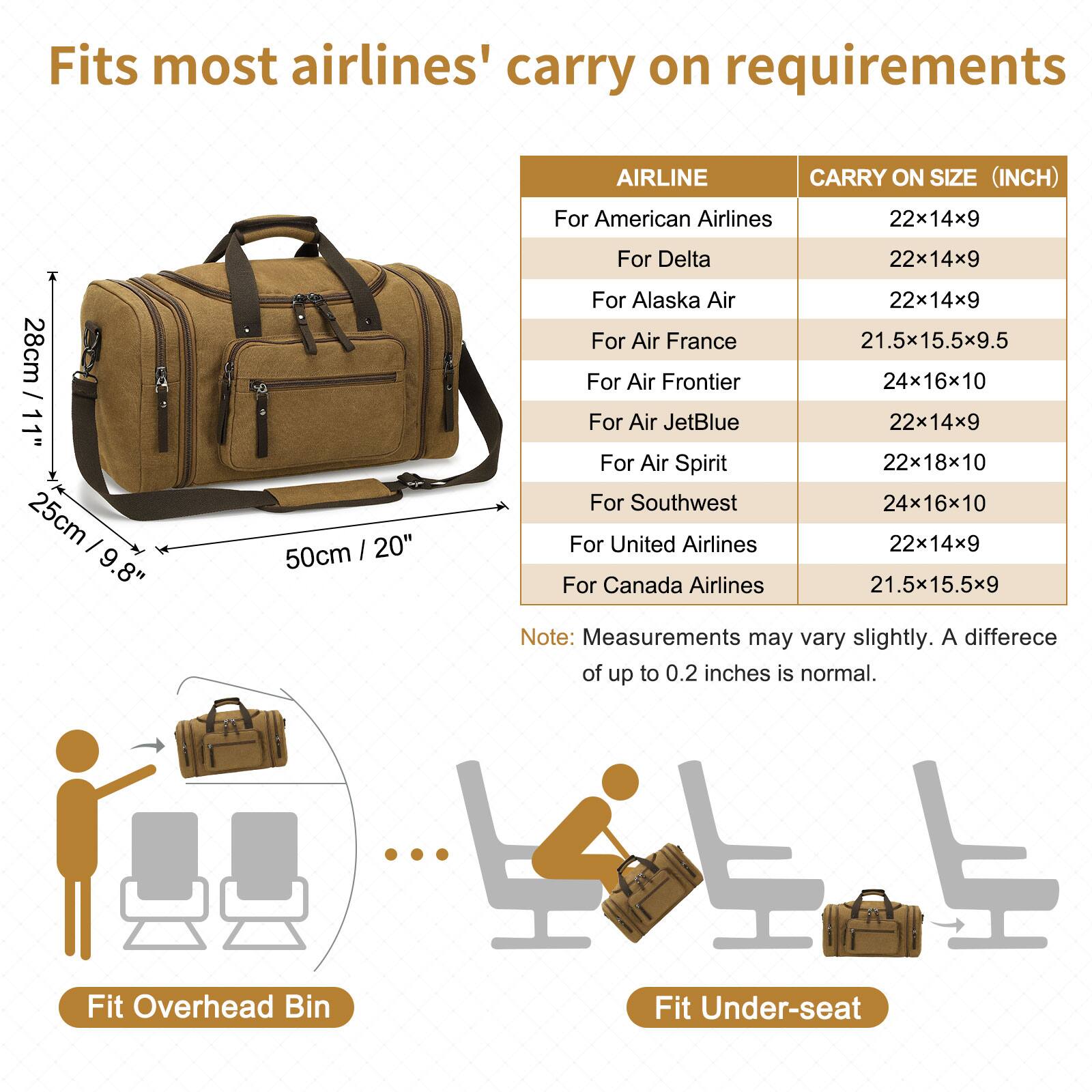 Fits most airlines' carry on requirements

AIRLINE | CARRY ON SIZE (INCH)

For American Airlines | 22x14x9  
For Delta | 22x14x9  
For Alaska Air | 22x14x9  
For Air France | 21.5x15.5x9.5  
For Air Frontier | 24x16x10  
For Air JetBlue | 22x14x9  
For Air Spirit | 22x18x10  
For Southwest | 24x16x10  
For United Airlines | 22x14x9  
For Canada Airlines | 21.5x15.5x9  

Note: Measurements may vary slightly. A difference of up to 0.2 inches is normal.

Fit Overhead Bin  
Fit Under-seat