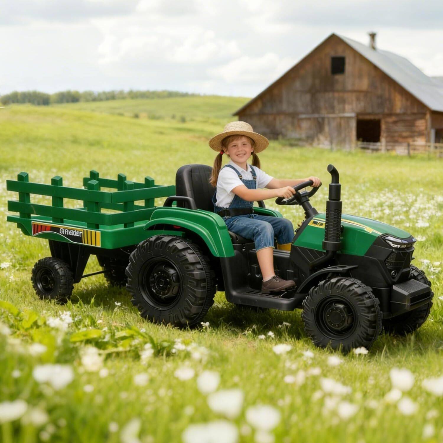 Angle. GARVEE - Dual 40w Motors 12v Ride-on Tractor Toy with Trailer for Outdoor Play, Green - Green.