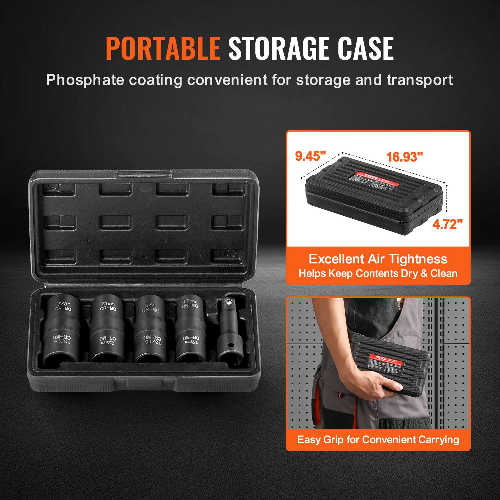 PORTABLE STORAGE CASE  
Phosphate coating convenient for storage and transport  

9.45" x 16.93" x 4.72"  

Excellent Air Tightness  
Helps Keep Contents Dry & Clean  

7/8 OR-MO  
21mm  
21 CR-MO  
3/4 CR-MO  
17mm  
CR-MO  
15/16 On-MGE  
OW-3  
9I/E1  
CiS-RO  
19mm  

Easy Grip for Convenient Carrying