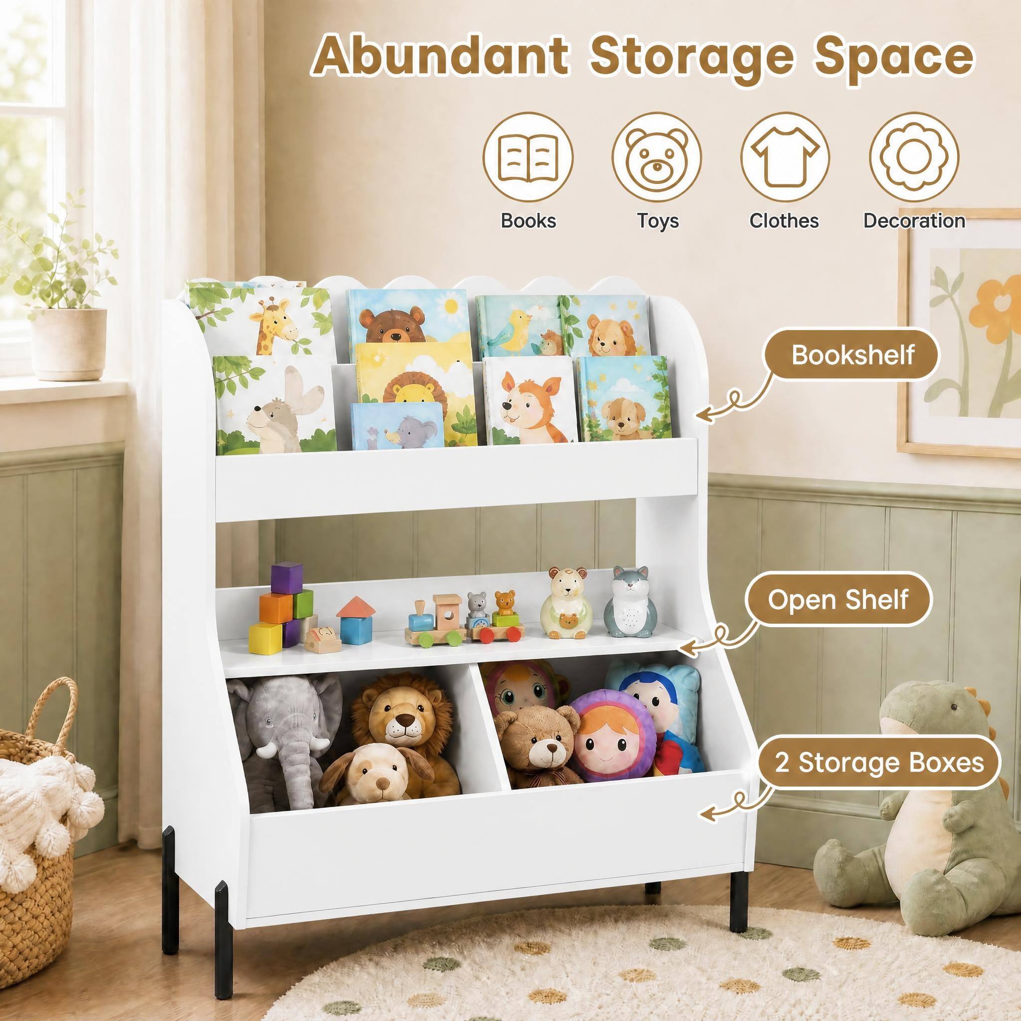 Abundant Storage Space

- Books
- Toys
- Clothes
- Decoration

Bookshelf

Open Shelf

2 Storage Boxes