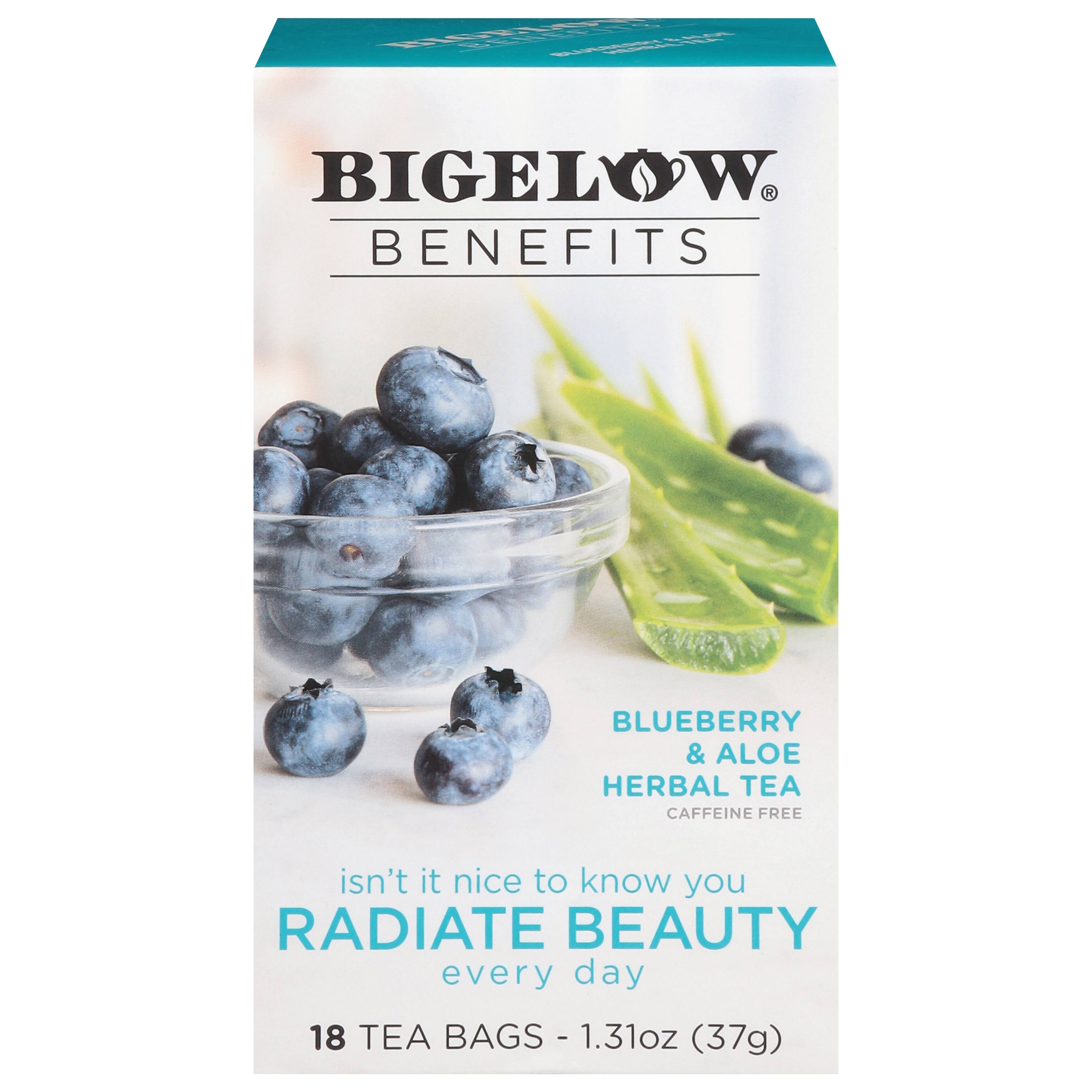BIGELOW
BENEFITS
BLUEBERRY & ALOE HERBAL TEA
CAFFEINE FREE
isn't it nice to know you
RADIATE BEAUTY
every day
18 TEA BAGS - 1.31oz (37g)