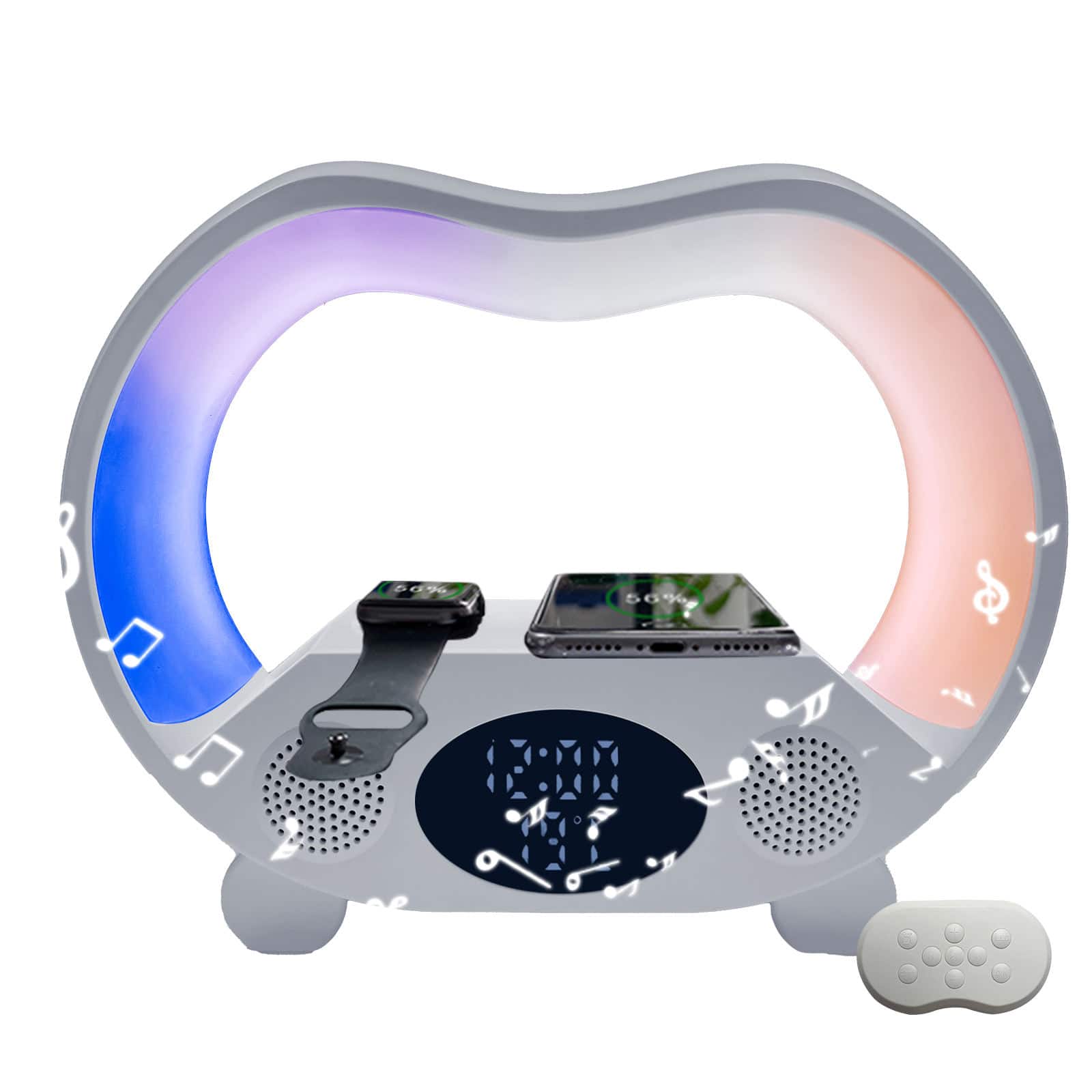 PRIMEPLUS - RGB 6-in-1 Alarm Clock 5W Night Light with Bluetooth Speaker Charging Stand Time Display for Bedroom Bedside - White