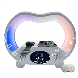 PRIMEPLUS - RGB 6-in-1 Alarm Clock 5W Night Light with Bluetooth Speaker Charging Stand Time Display for Bedroom Bedside - White