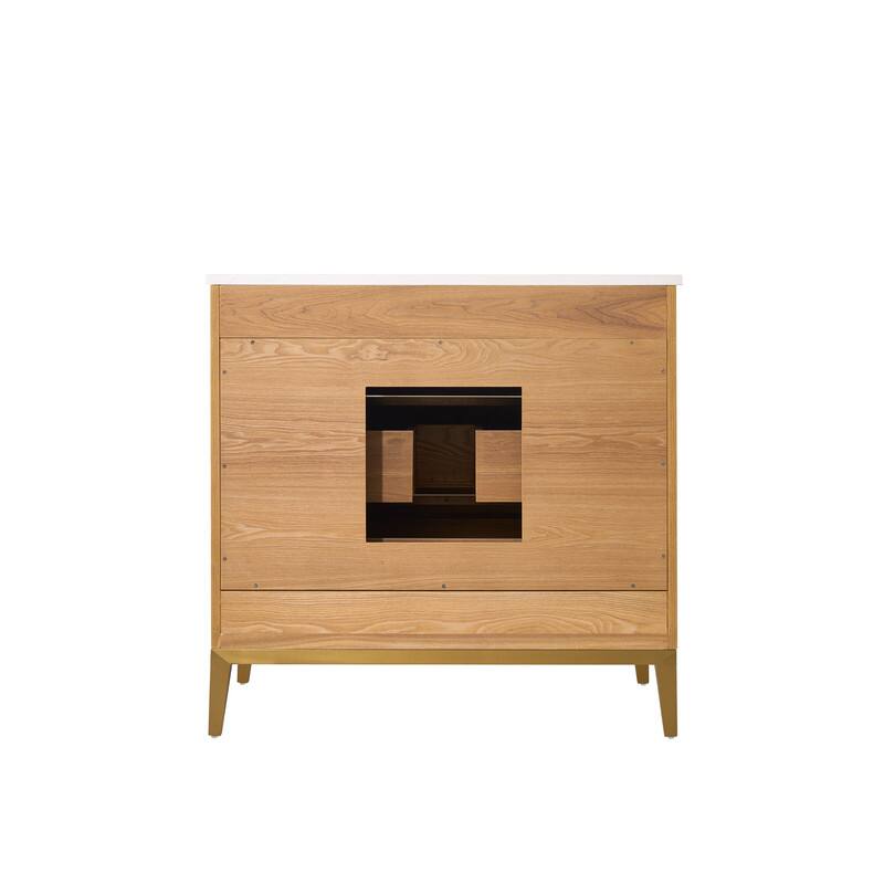 Alt View 6. WELLFOR - 36" Freestanding Solid Wood Bathroom Vanity with Carrara White Quartz Vanity Top & 3 Soft-Close Drawers and Backsplash - Oak.