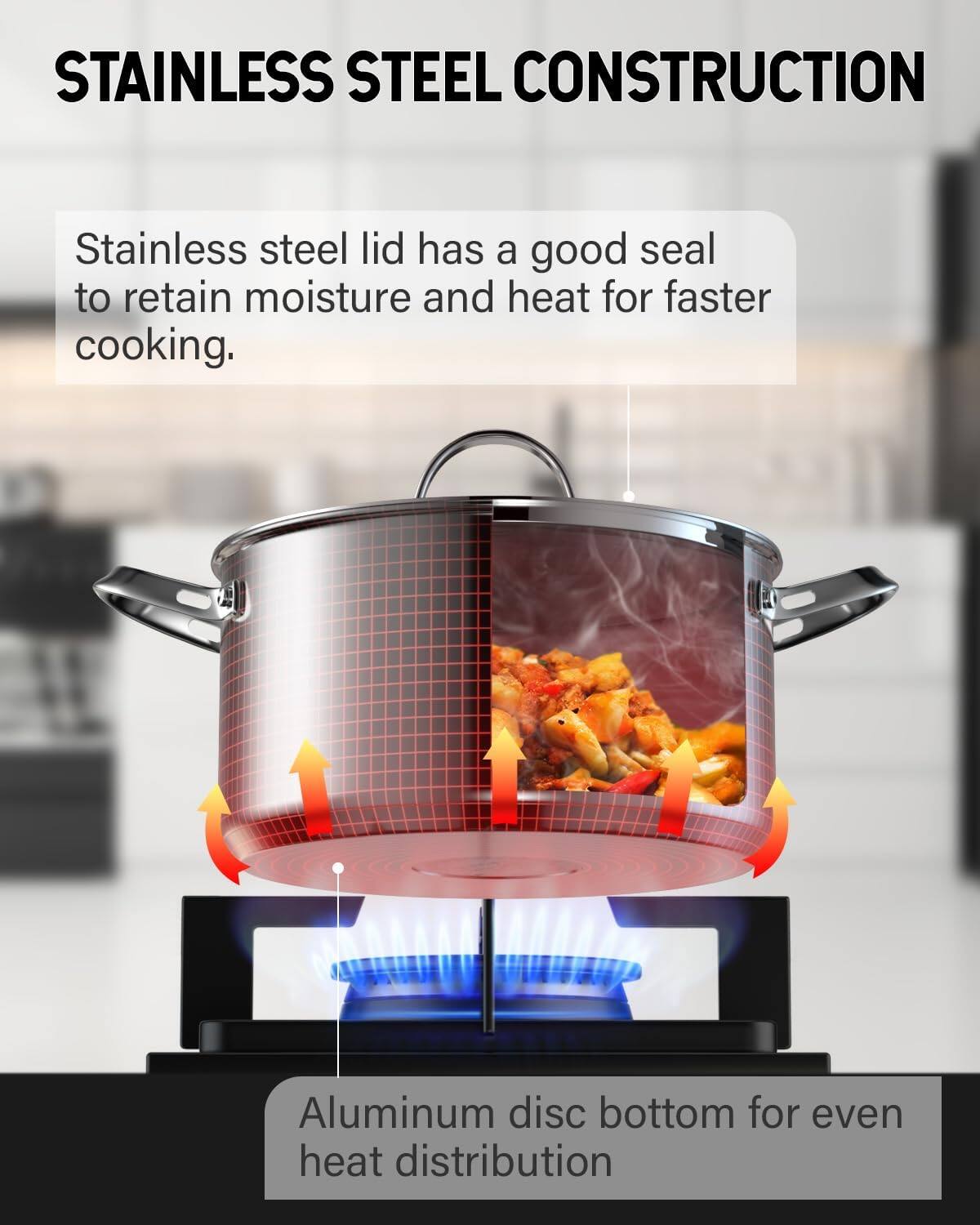 STAINLESS STEEL CONSTRUCTION

Stainless steel lid has a good seal to retain moisture and heat for faster cooking.

Aluminum disc bottom for even heat distribution